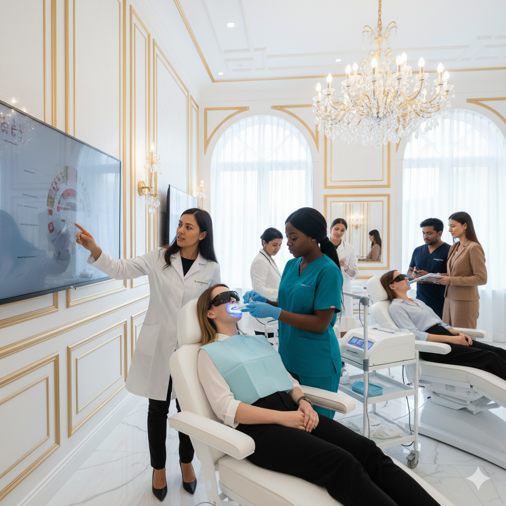 Medical professionals and patients in a dental clinic, with a dentist instructing a patient wearing protective glasses while lying in a dental chair. Other patients and staff are visible in the background in a luxurious, well-lit medical setting.