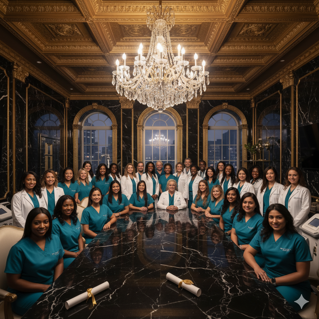 Group of healthcare professionals in teal scrubs and white coats gathered around a large marble conference table in an opulent room with gold accents, high windows, and a crystal chandelier.