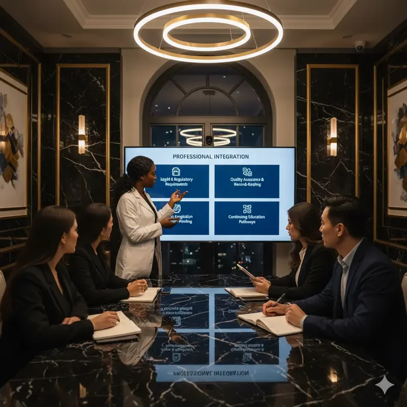 Business meeting in a luxurious conference room with six people, a woman presenting a slide on a large screen titled 'Professional Integration,' surrounded by black marble walls and elegant lighting.