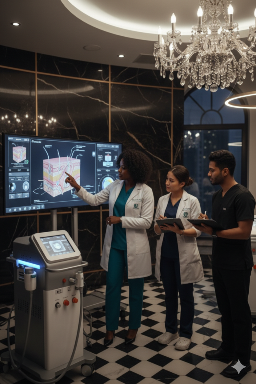 Medical professionals, including women and a man, are gathered in a modern, elegant room with a large display screen showing a detailed medical diagram of skin layers. One woman is pointing at the screen while the others are taking notes.