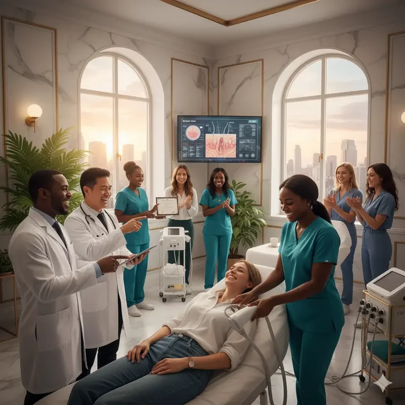 A medical team celebrates in a hospital room with a patient lying on a bed. The team includes doctors and nurses, some holding a certificate and clapping. The patient, a woman, is smiling while a nurse supports her head. The room has large arched windows with city skyline views, plants, and medical equipment.