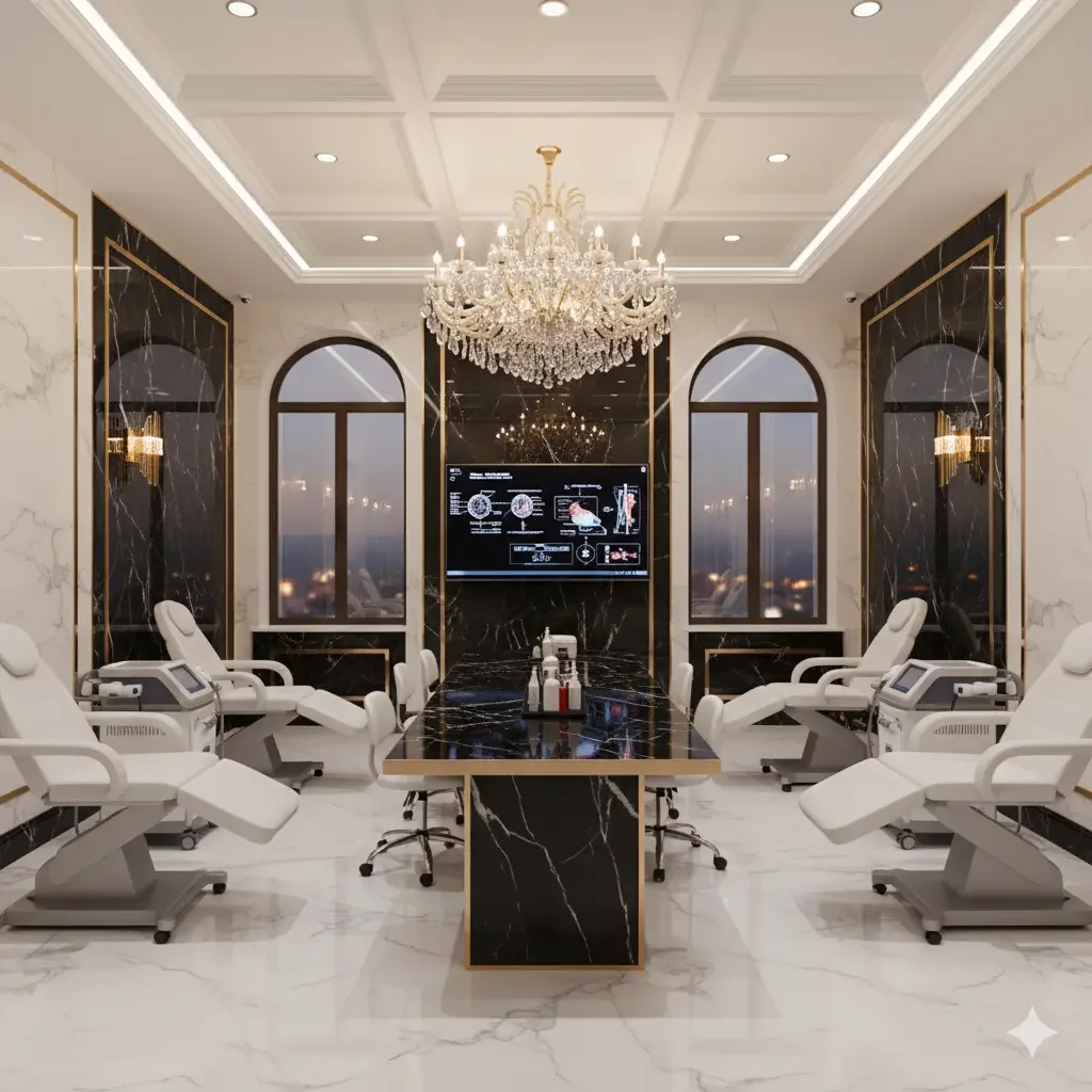 A luxurious medical conference room with a large black marble table, six white medical recliners, a chandelier, and a wall-mounted monitor displaying medical information. The room has tall windows and black marble wall panels with gold accents.