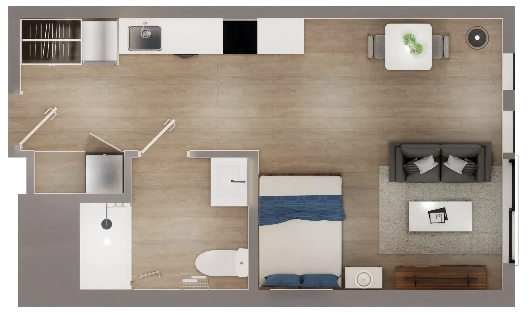 Top-down view of a small apartment floor plan featuring a kitchen, a bathroom, a bedroom with a bed, and a living area with a sofa and coffee table.