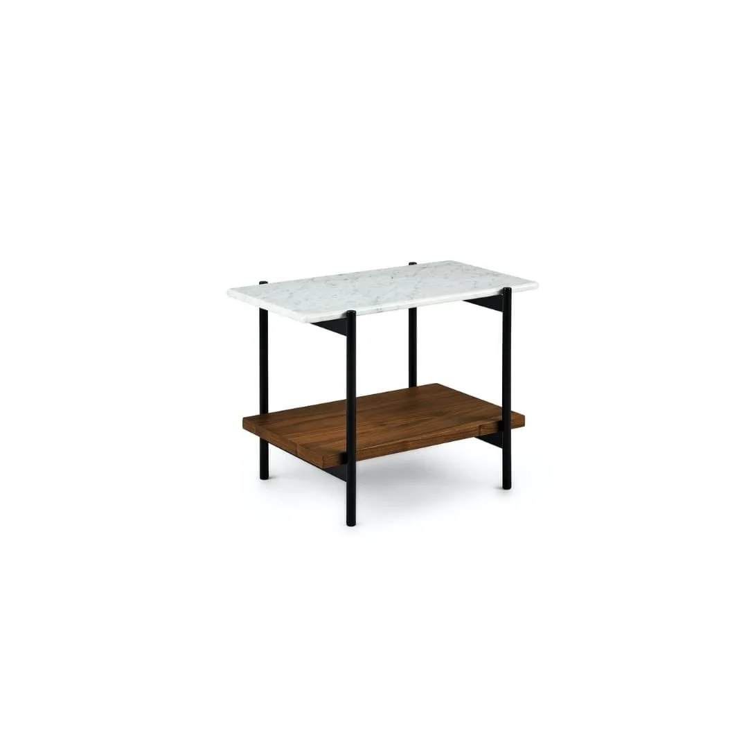 Modern two-tier side table with white marble top, dark wooden shelf, and black metal frame.