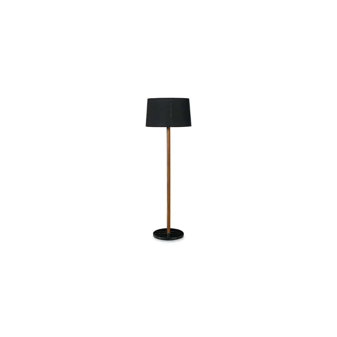Standing black and brown floor lamp with a black lampshade on a plain white background.