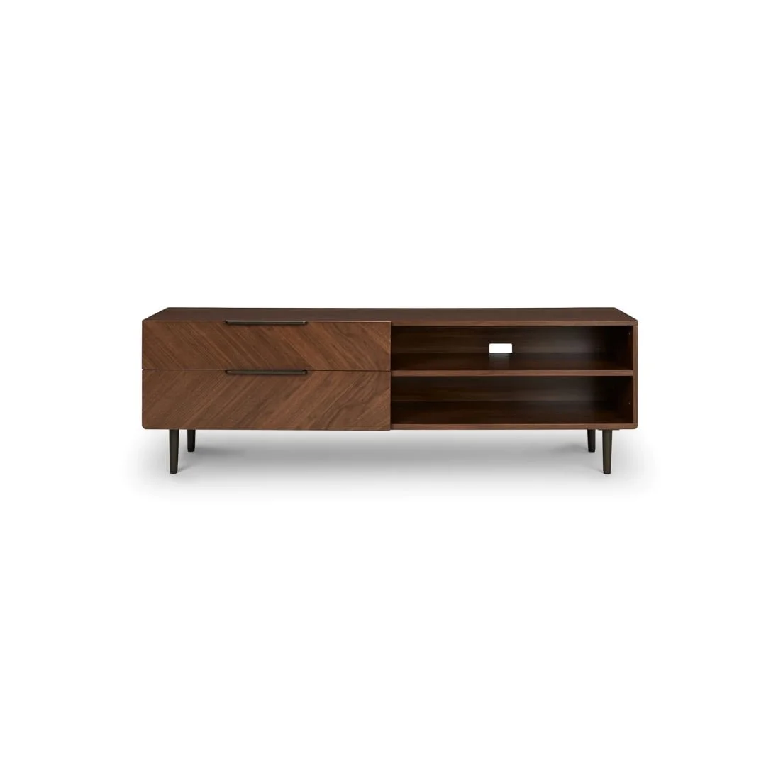 Modern wooden TV stand with two drawers on the left and two open shelves on the right, supported by four black legs.