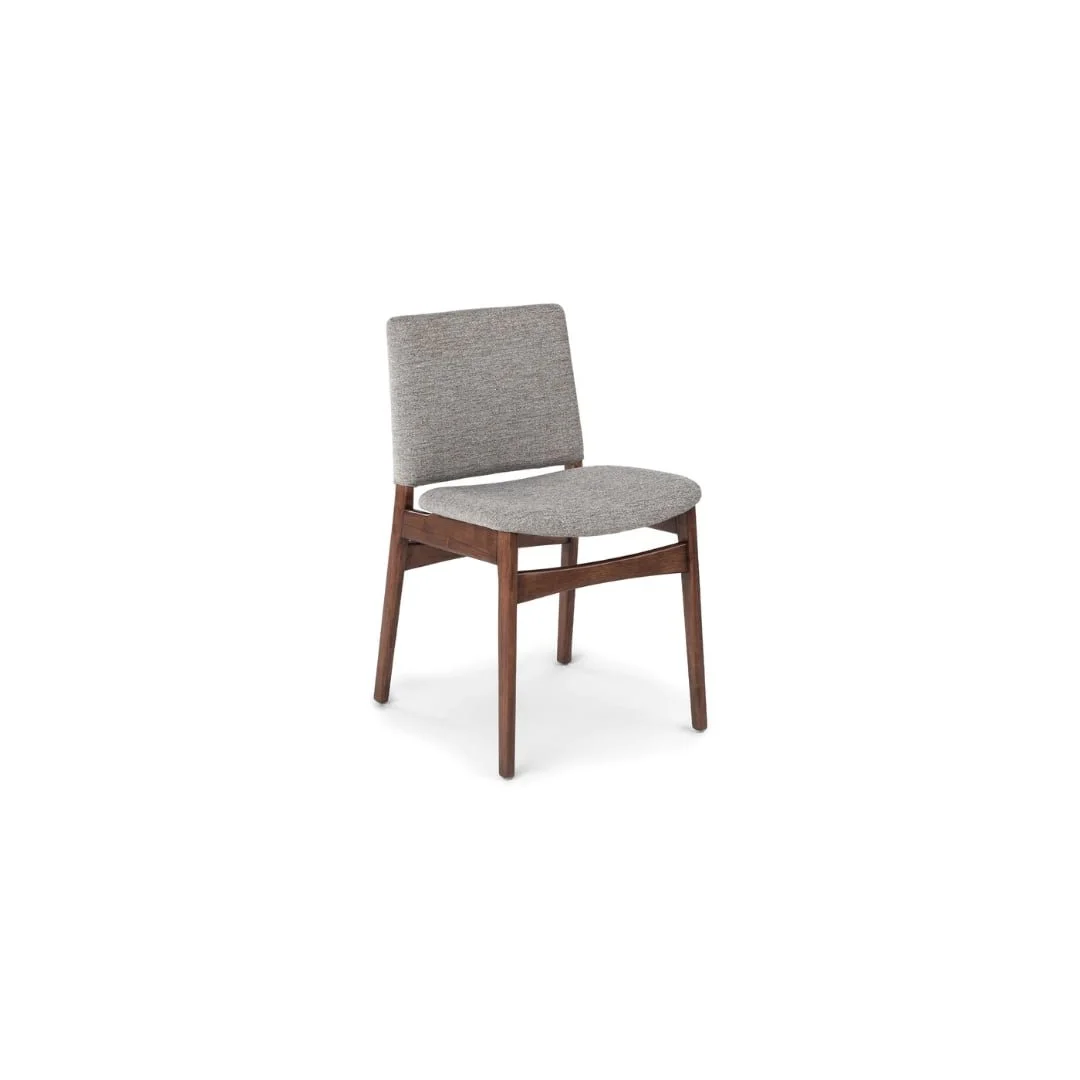 A modern chair with a wooden frame, gray upholstered seat, and backrest, positioned against a white background.