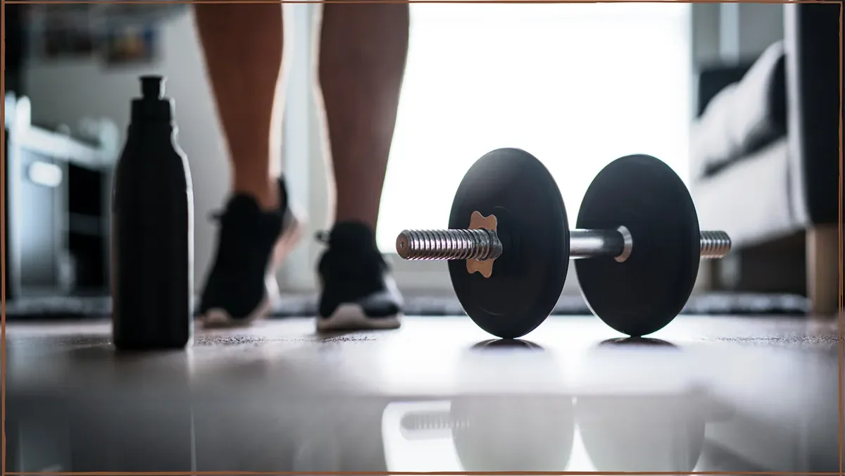 A pair of black dumbbells on the floor of a living room with a person walking away in the background. A water bottle also on the floor near the dumbbells.