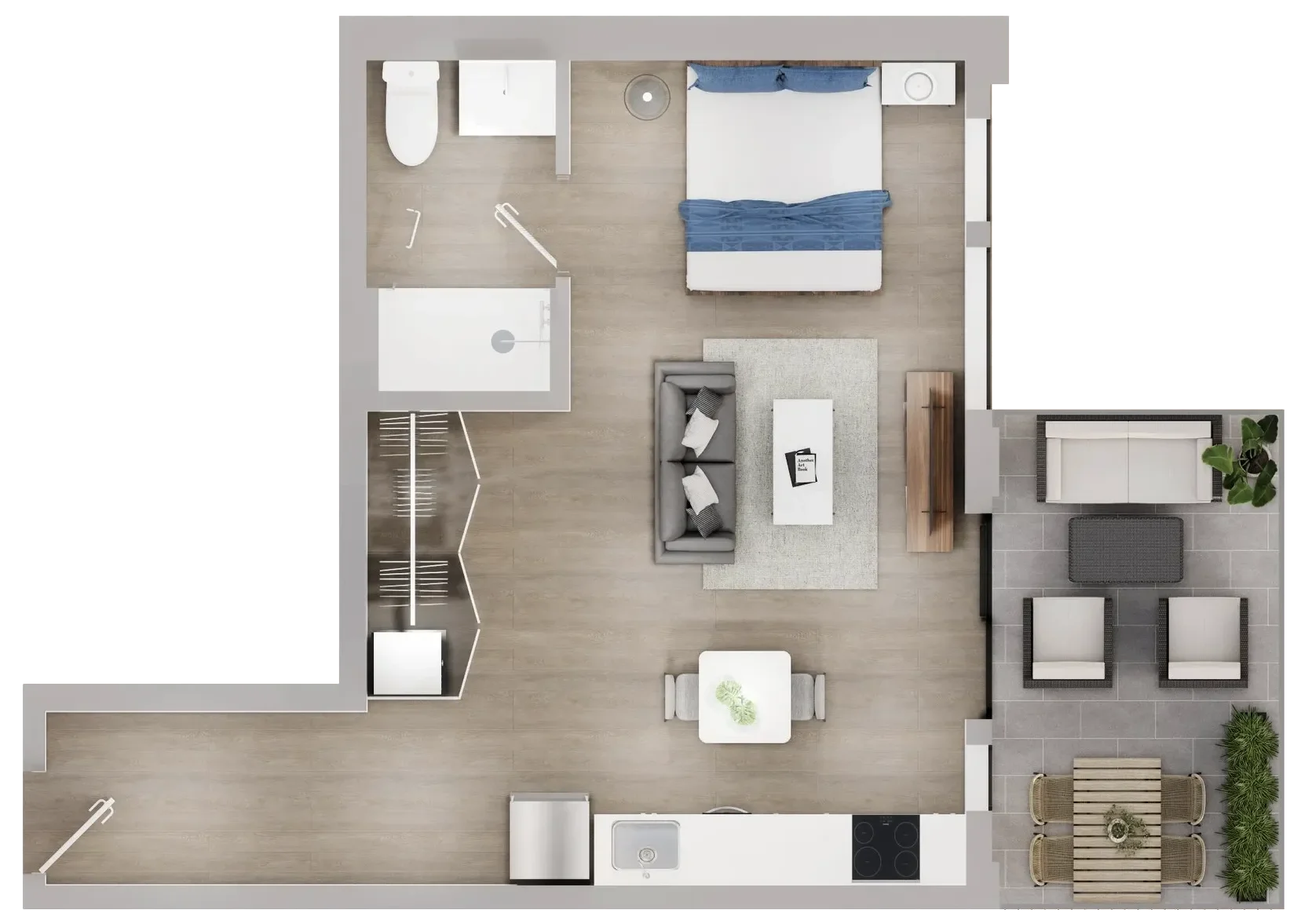 Top-down view of a studio apartment floor plan with a bedroom, living area, kitchen, bathroom, and outdoor patio.