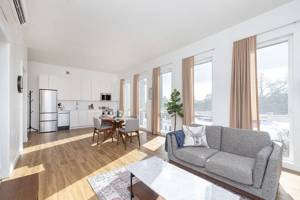 Open-concept living room and kitchen with hardwood floors, white walls, large windows with beige curtains, gray sofa with deer pillow, dining table with four chairs, potted plant, and modern kitchen appliances.