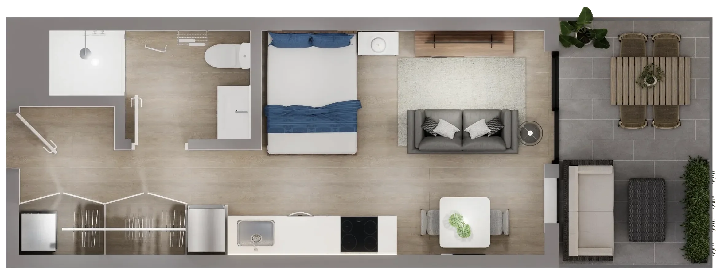 Top-down view of a modern apartment layout showing a bedroom with a bed and blue curtains, a bathroom with a shower, toilet, and sink, an open kitchen and dining area with a stove, sink, and table with two chairs, a living room with a sofa, coffee table, and side table, and an outdoor patio with a dining table and chairs.