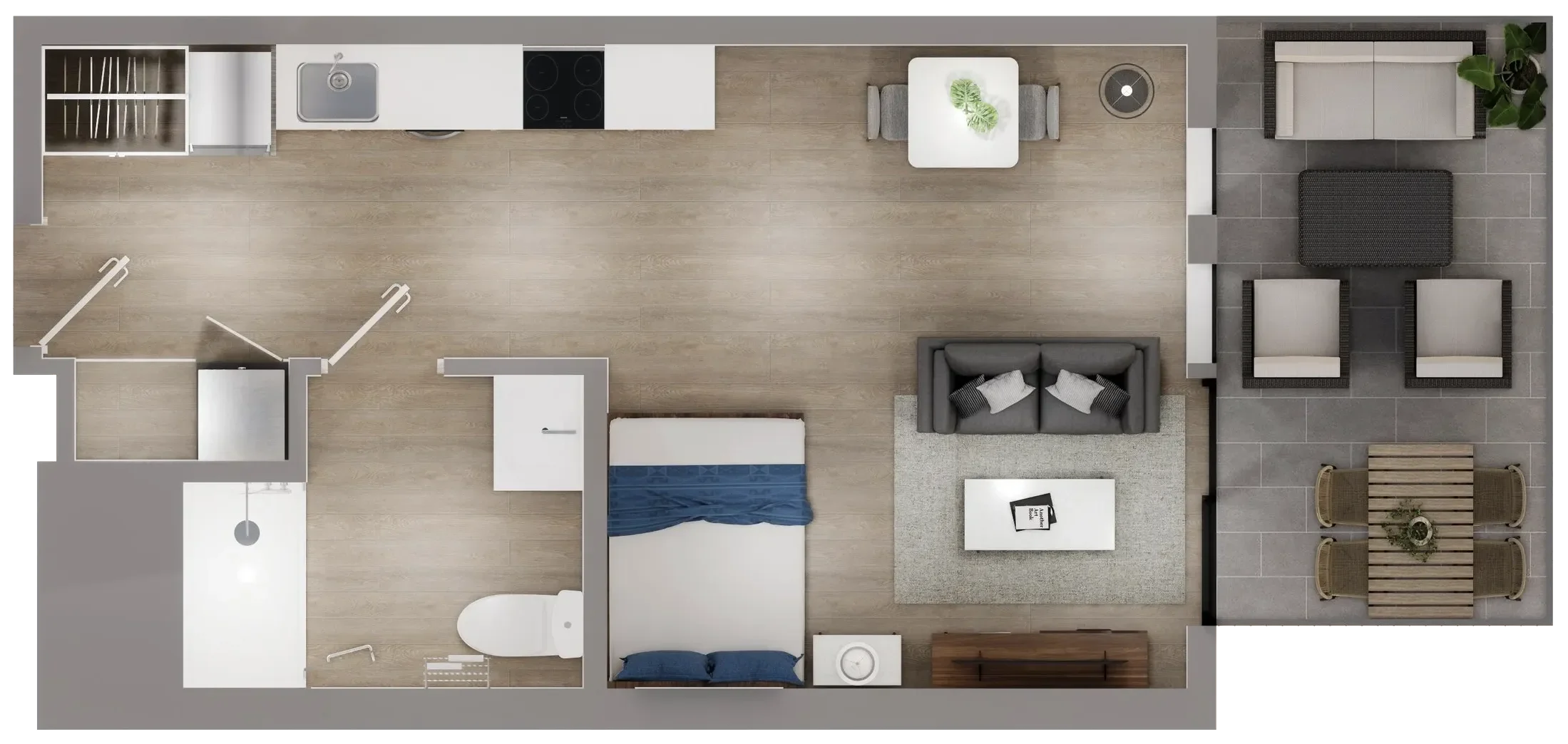 Floor plan of a small apartment with an open kitchen, living room, bedroom, bathroom, and outdoor patio with seating.