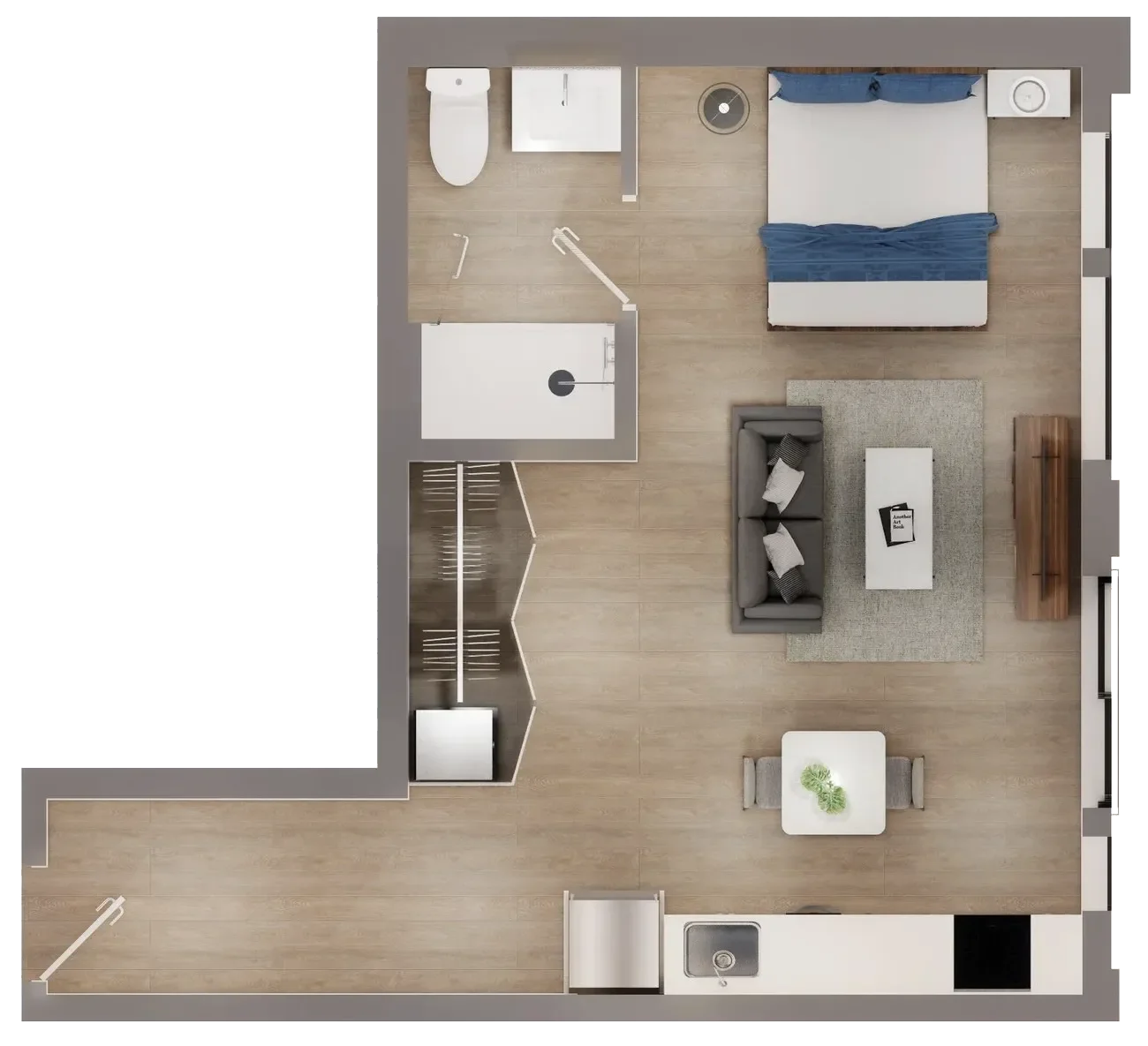 A top-down view of a modern apartment layout featuring a bedroom with a bed, two nightstands, and a small bathroom with a toilet and sink, along with a combined living and dining area with a sofa, coffee table, dining table with two chairs, and a kitchen with a countertop and sink.