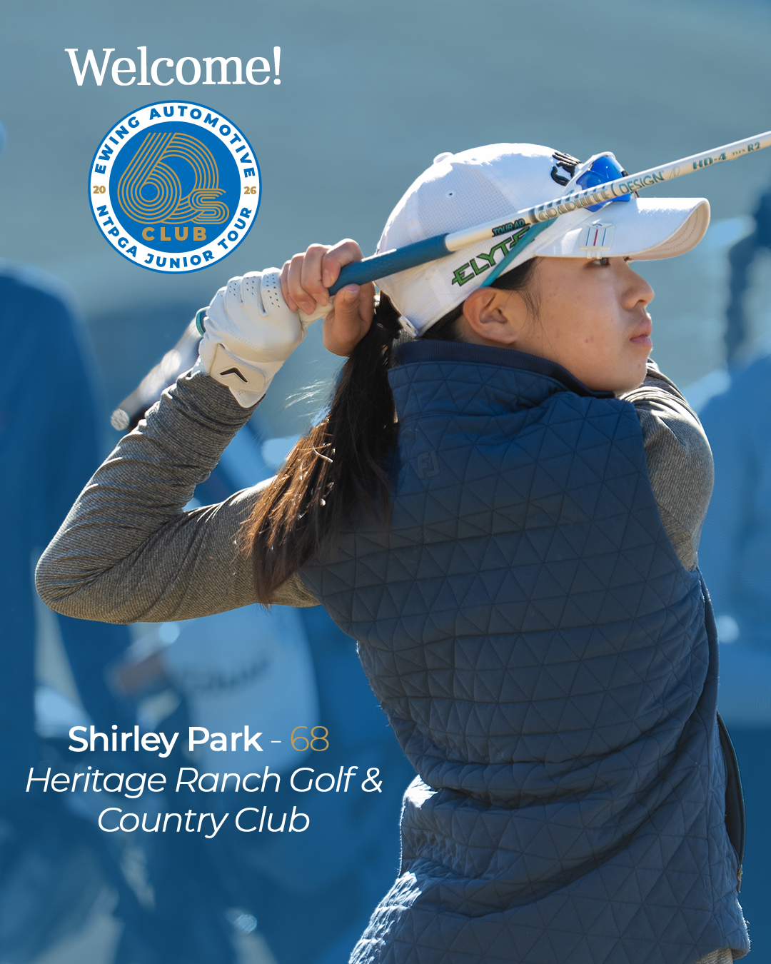 A young female golfer holding a golf club over her shoulders on a golf course. She is wearing a white cap, a blue quilted vest, and a long sleeve shirt. The image includes text welcoming viewers and information about Shirley Park at Heritage Ranch Go