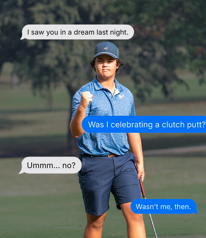 A young person on a golf course wearing a blue shirt and navy shorts, raising their fist in a triumphant gesture, wearing a navy cap, with speech bubbles indicating a humorous conversation.