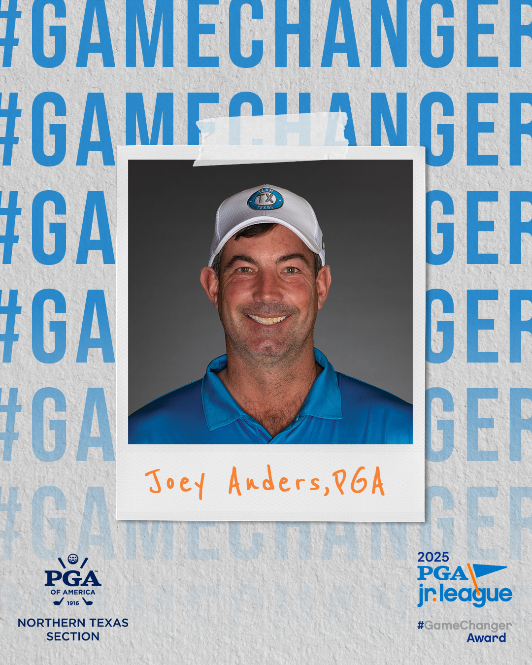 Photograph of Joey Anders, a young man with short brown hair, smiling, wearing a white and blue cap with a logo, and a blue collared shirt, against a dark background. The image is styled like a Polaroid with handwritten text 'Joey Anders, PGA' at the