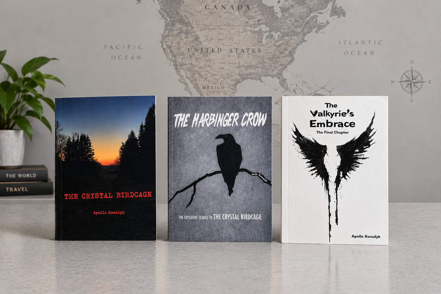Three books placed on a table in front of a map of the United States. The first book has a sunset or sunrise scene with trees and the title 'The Crystal Birdcage.' The second book features a silhouette of a bird on a branch with the title 'The Harbinger Crow.' The third book shows black ink splatter wings with the title 'The Valkyrie's Embrace.'