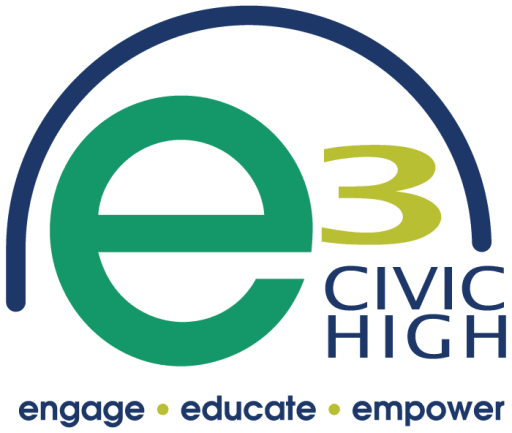 Logo for E3 Civic High with a large lowercase 'e' and '3' inside a semi-circle, and text 'CIVIC HIGH' with the words 'engage,' 'educate,' and 'empower' below.