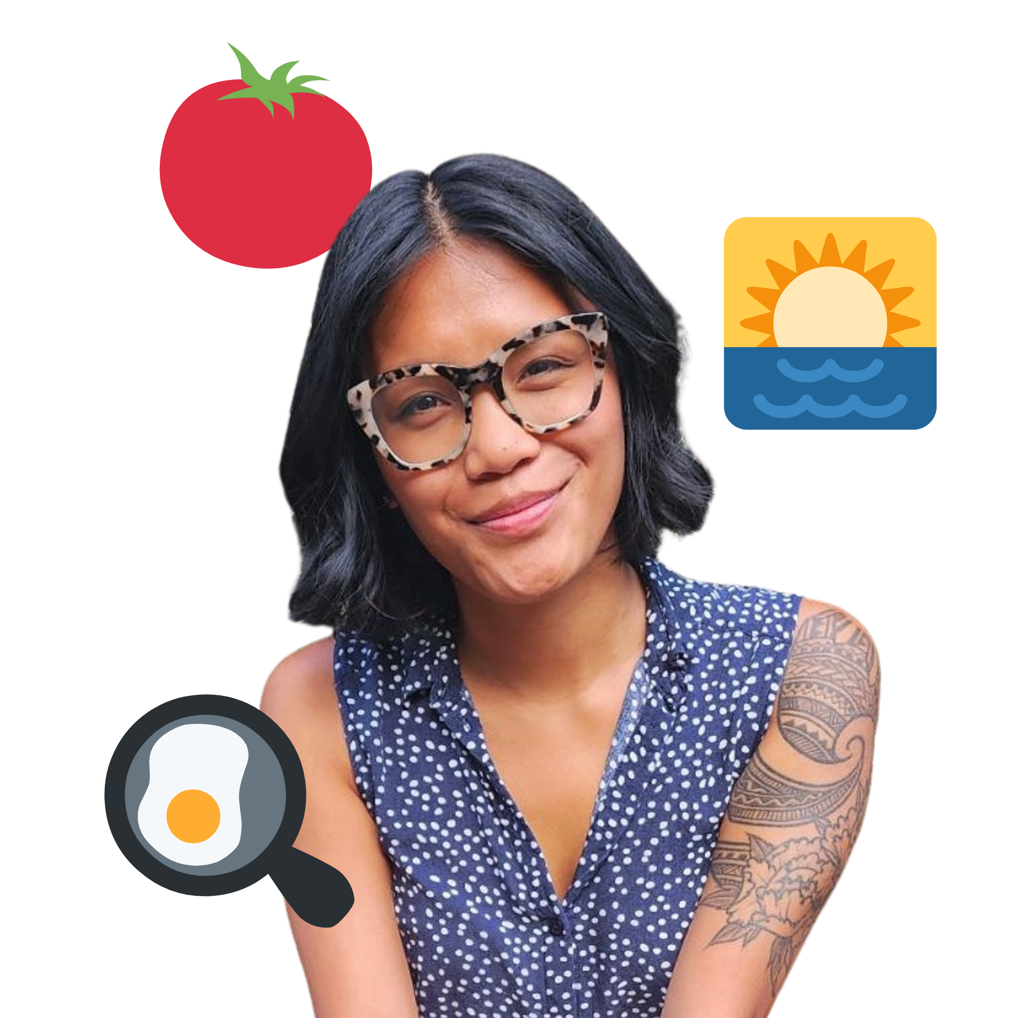 Image of a young woman, Cam Perdido, who is the VozEd Program Director with emojis of a tomato, a sun over water, a fried egg to represent her interest in gardening, cooking, and sunshine.