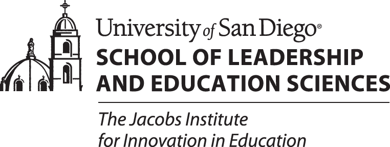 University of San Diego School of Leadership and Education Sciences logo with a graphic of a domed building and a tower, and the text 'The Jacobs Institute for Innovation in Education'.