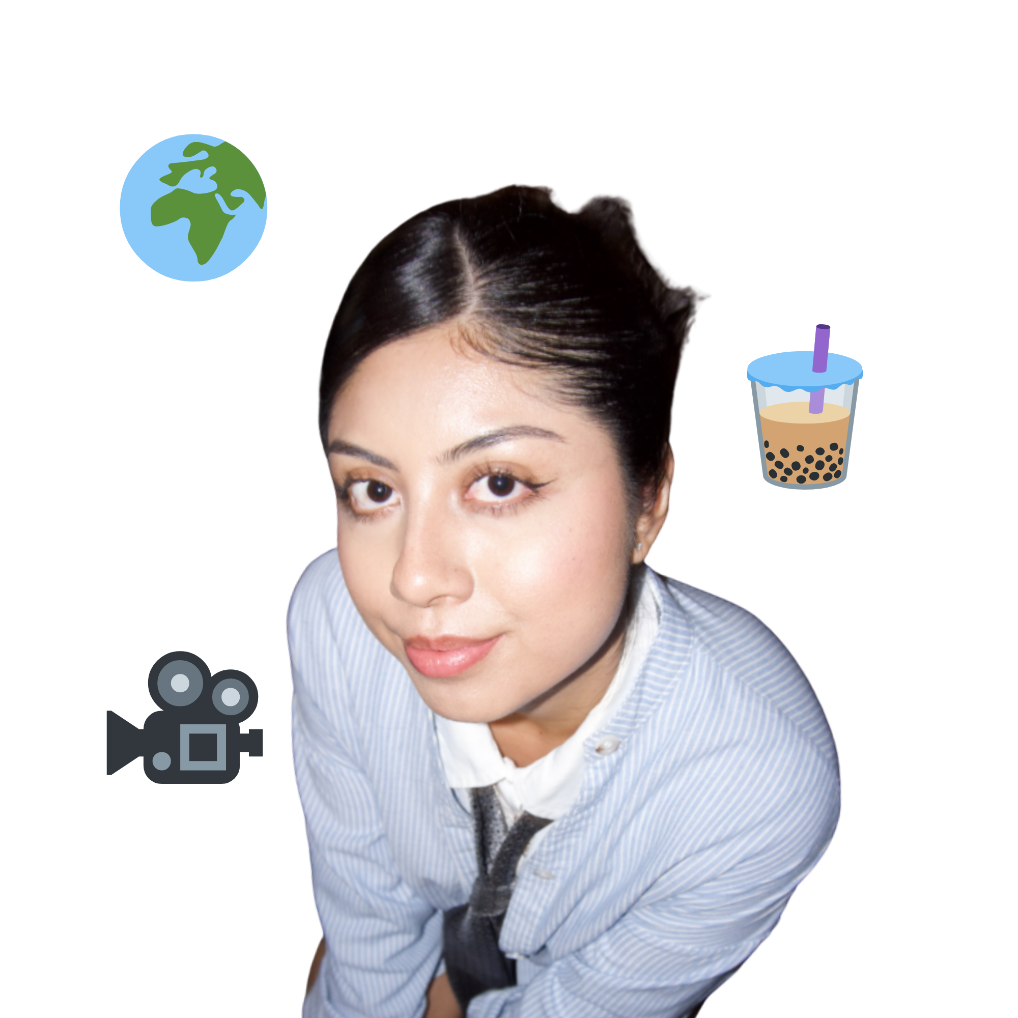 A young woman with dark hair and a light blue striped shirt, looking at the camera, with icons of the earth, bubble tea, and a video camera around her.