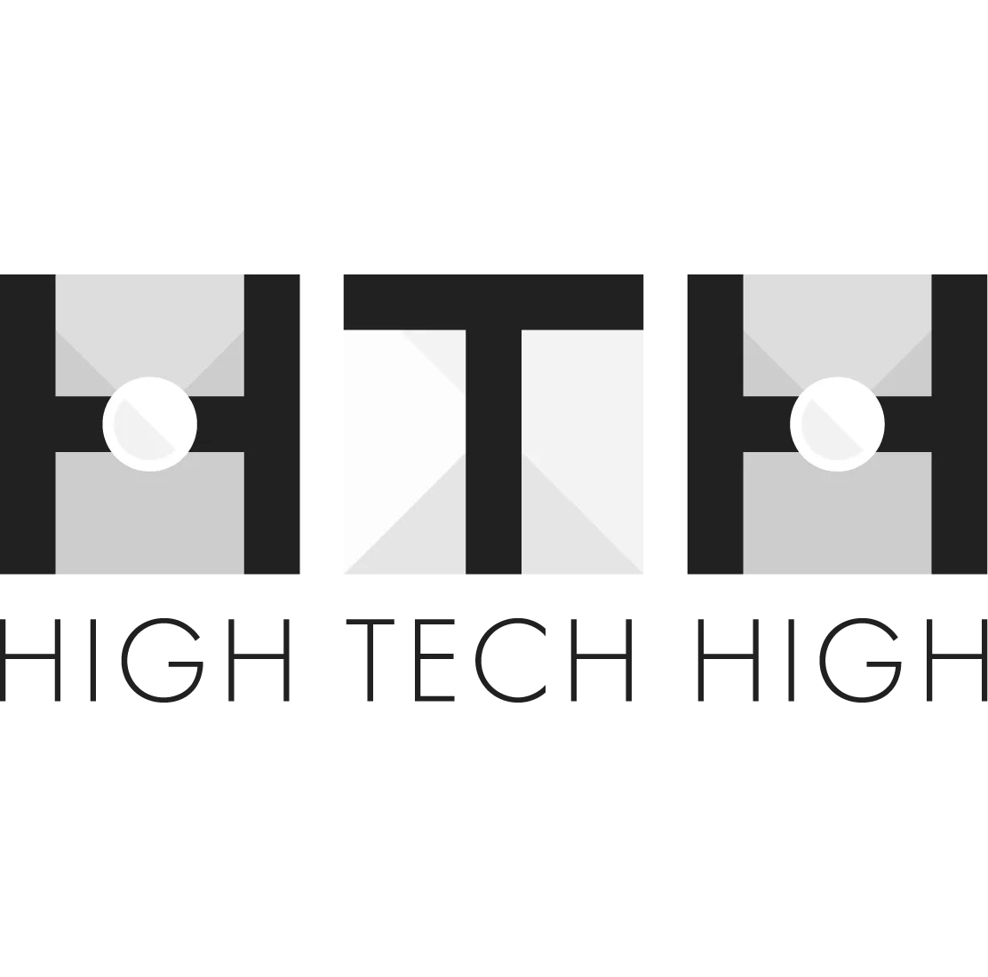 Logo with two blue speaker icons on either side and a yellow central element, with the text "High Tech High" beneath.