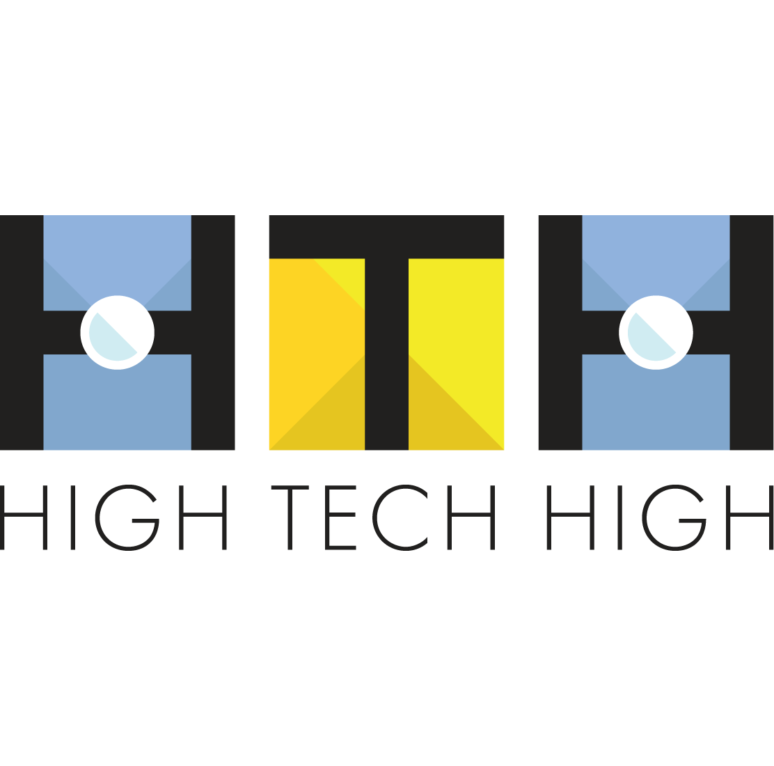 Logo with two blue speaker icons on either side and a yellow central element, with the text "High Tech High" beneath.
