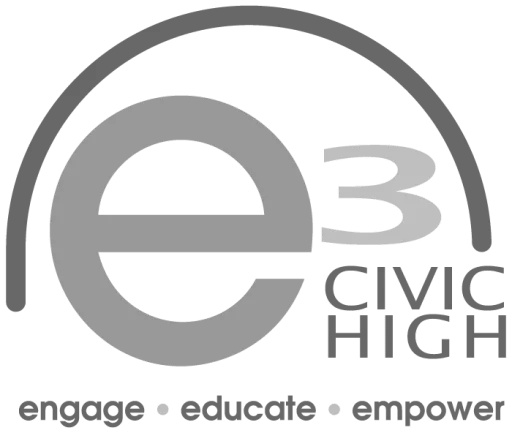 Logo for E3 Civic High with a large lowercase 'e' and '3' inside a semi-circle, and text 'CIVIC HIGH' with the words 'engage,' 'educate,' and 'empower' below.