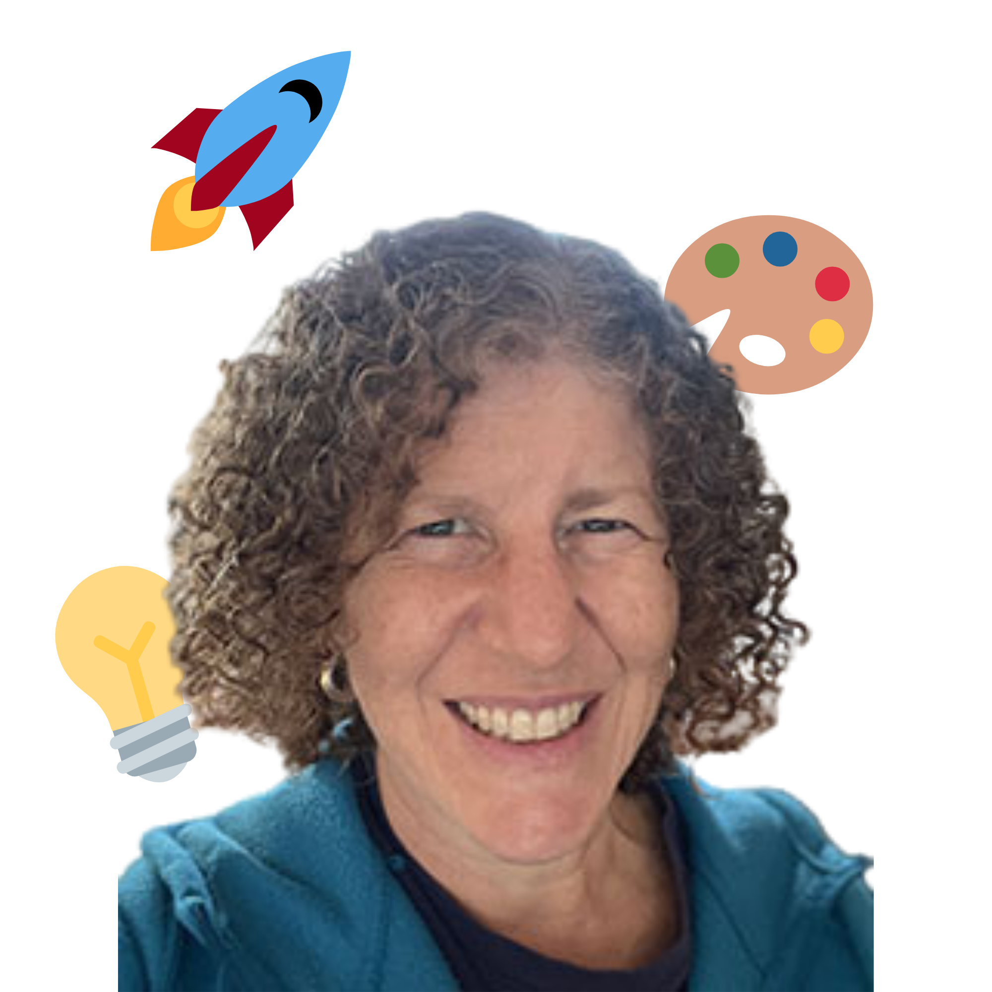 A woman with curly hair smiling at the camera, surrounded by icons of a rocket, a paint palette, and a lightbulb.
