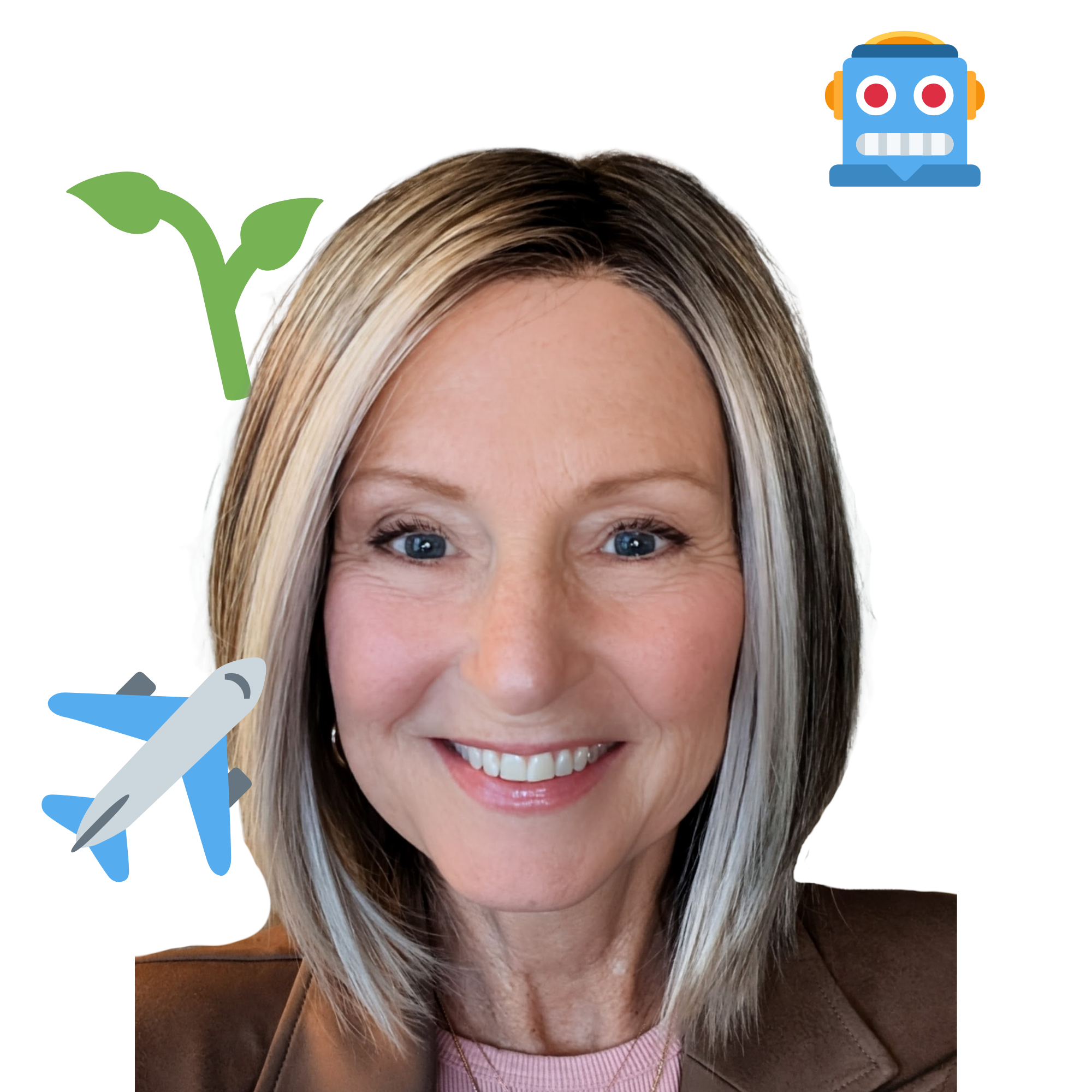 A smiling woman, Lisa Dawley, PhD, with blonde hair and blue eyes in front of a three emojis that represent her interests in gardening, travel, and AI