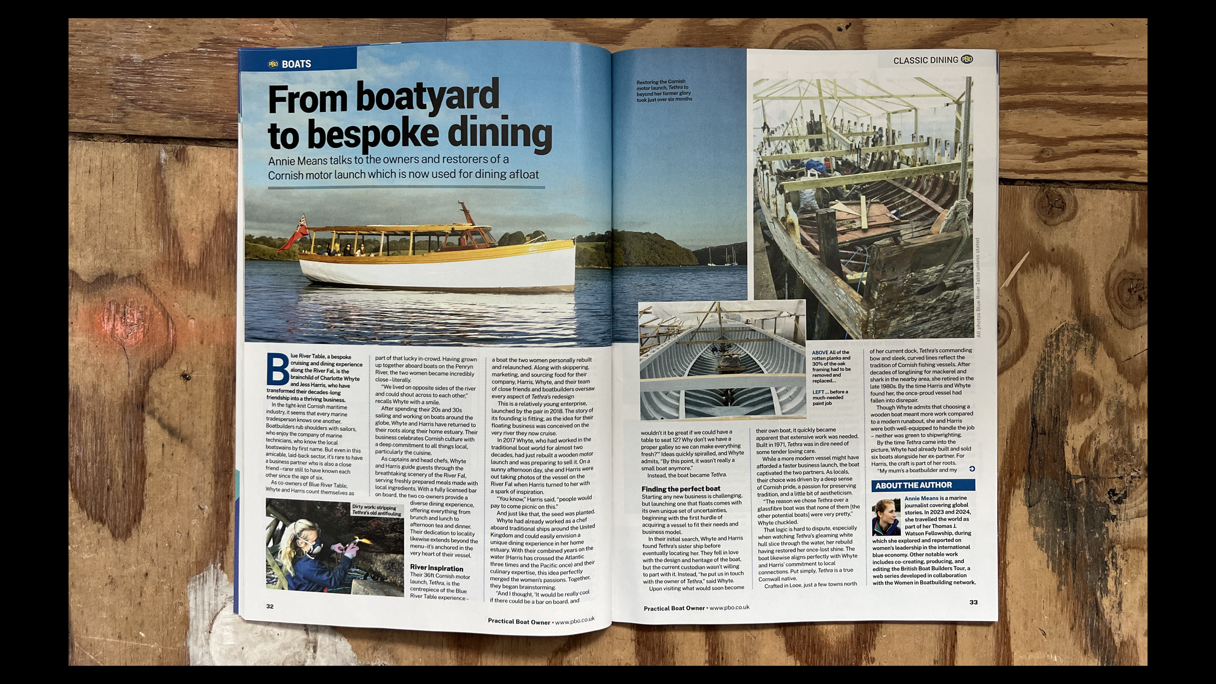 Annie Means talks to the owners and restorers of a Cornish motor launch which is now used for dining afloat.