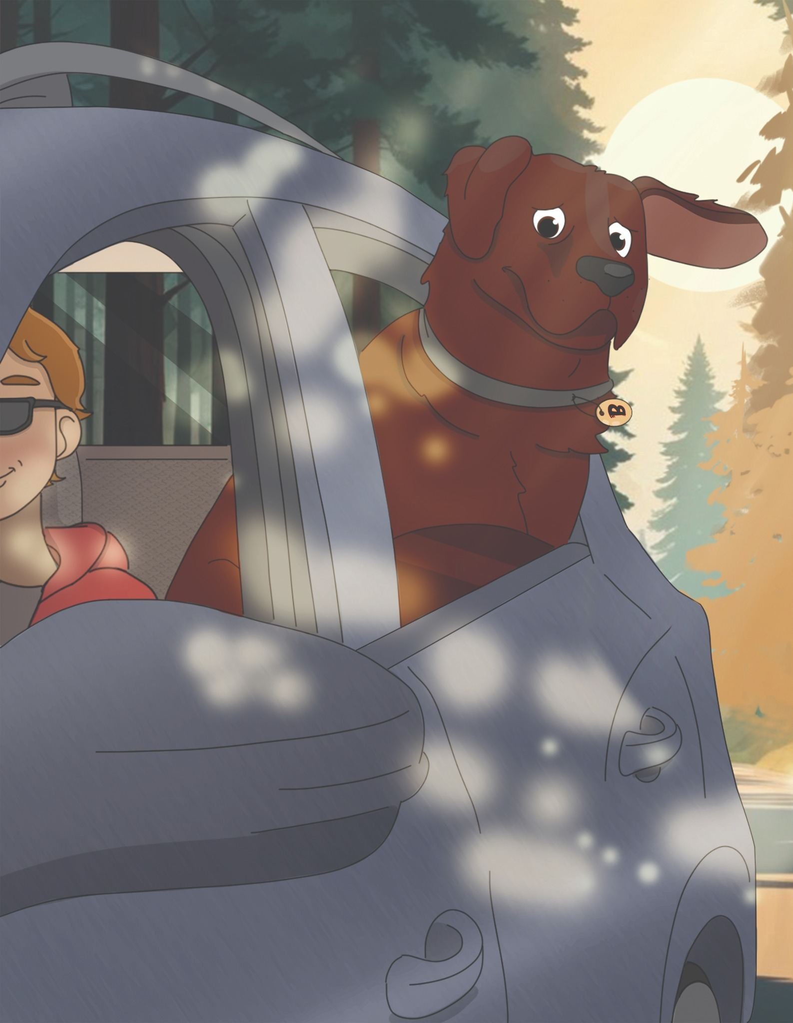 Illustration of Barney, a big brown rescue dog, happily riding in a car through a forest with sunlight shining through the trees in “Barney, The Big Brown Dog” by Patrice A. LeMoine.