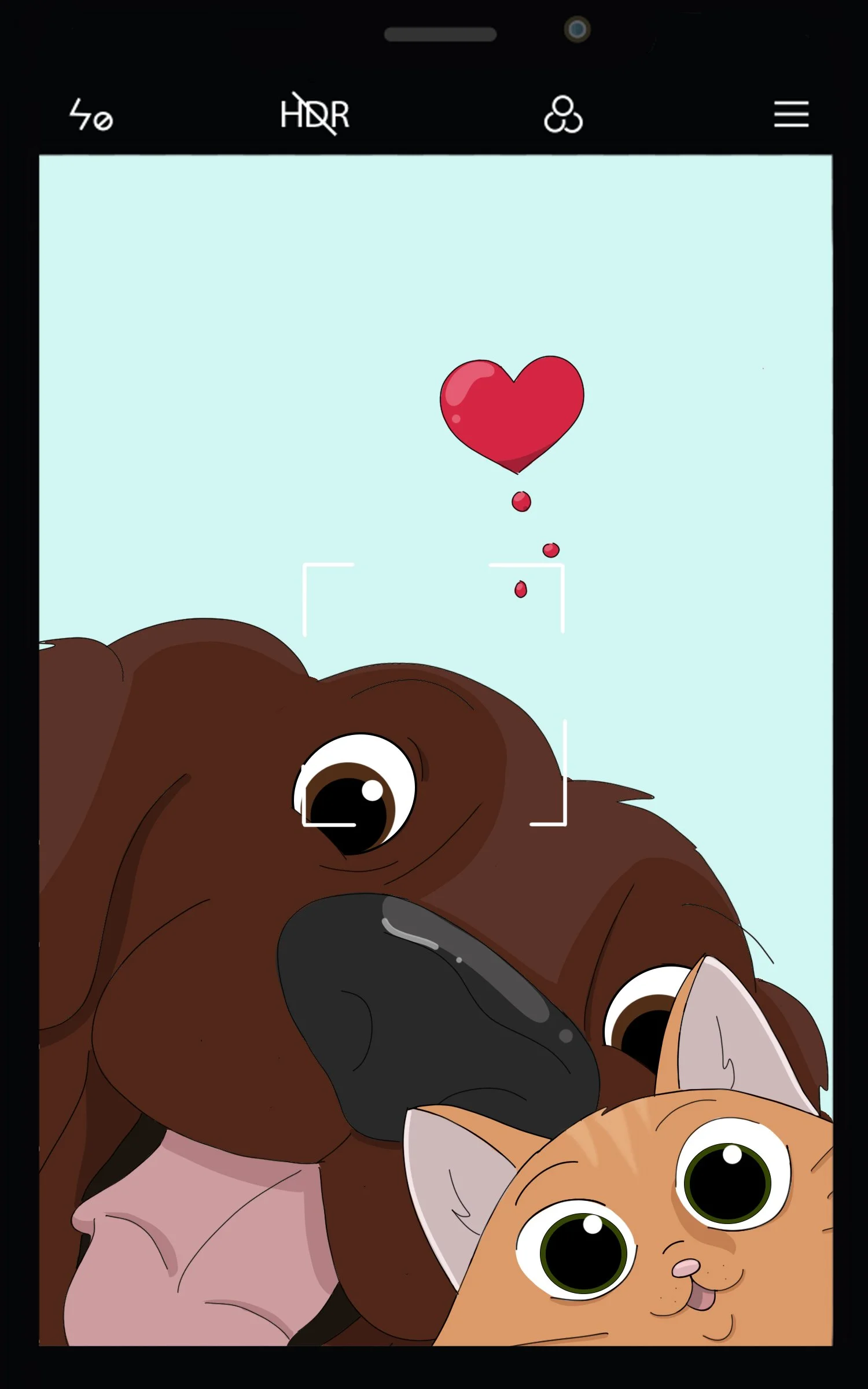 Cartoon of two animals, a dog and a cat, taking a selfie with a blue background and a floating red heart above them.