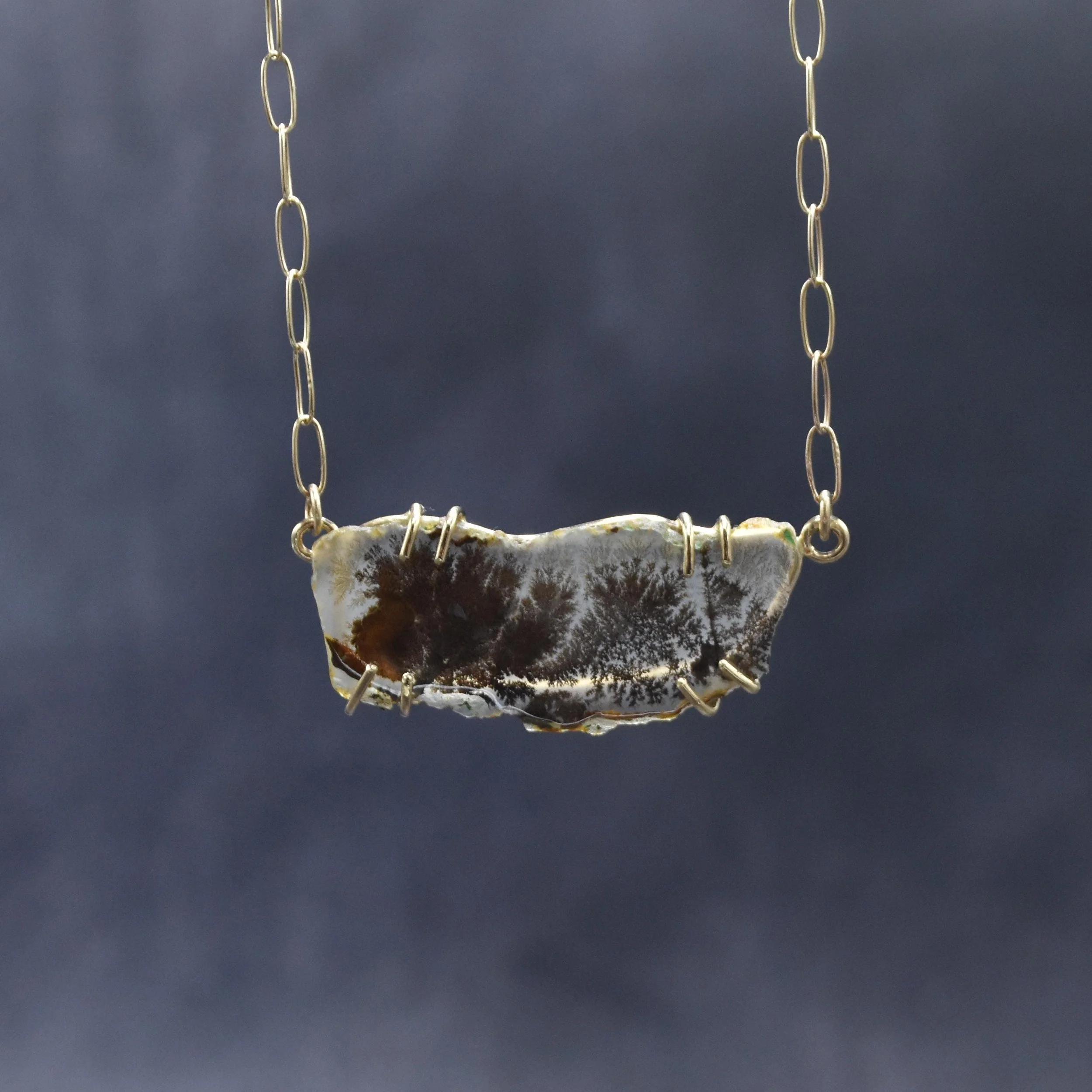Dendritic Agate Necklace: 14k Solid Yellow Gold Paperclip Chain