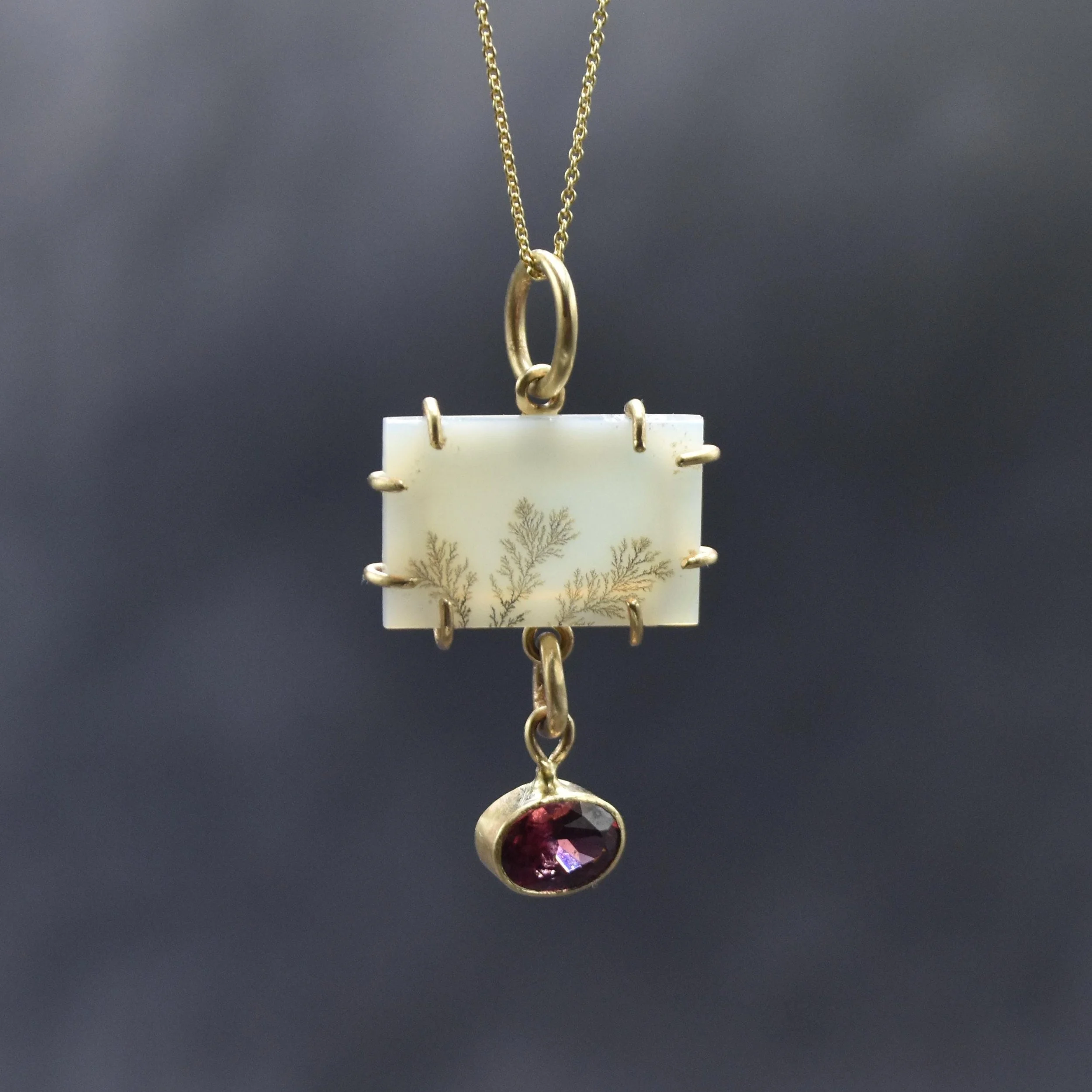 14k Yellow Gold Dendritic Agate & Garnet Necklace - Unique Pendant