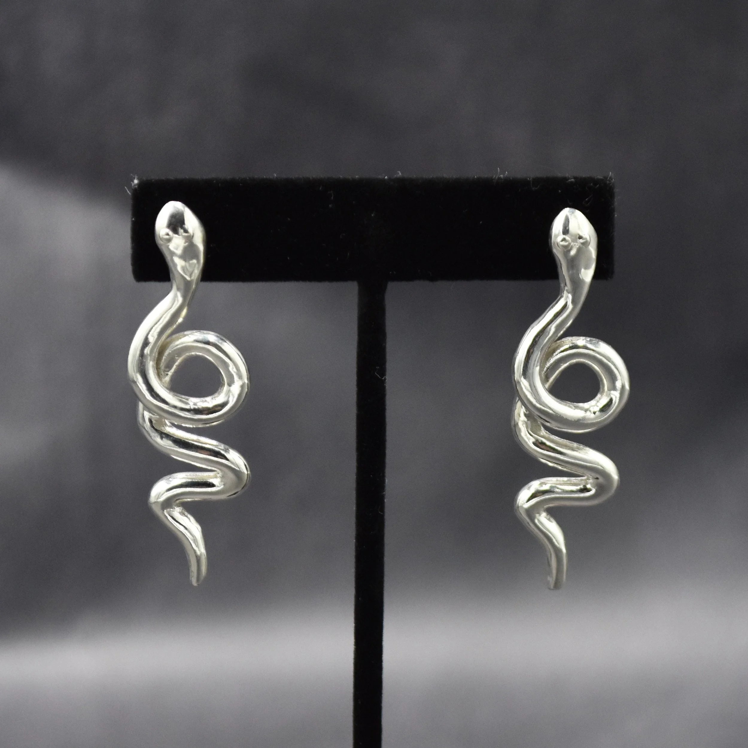Hand-Carved Sterling Silver Serpent Stud Earrings, Gothic Modern Snake Jewelry