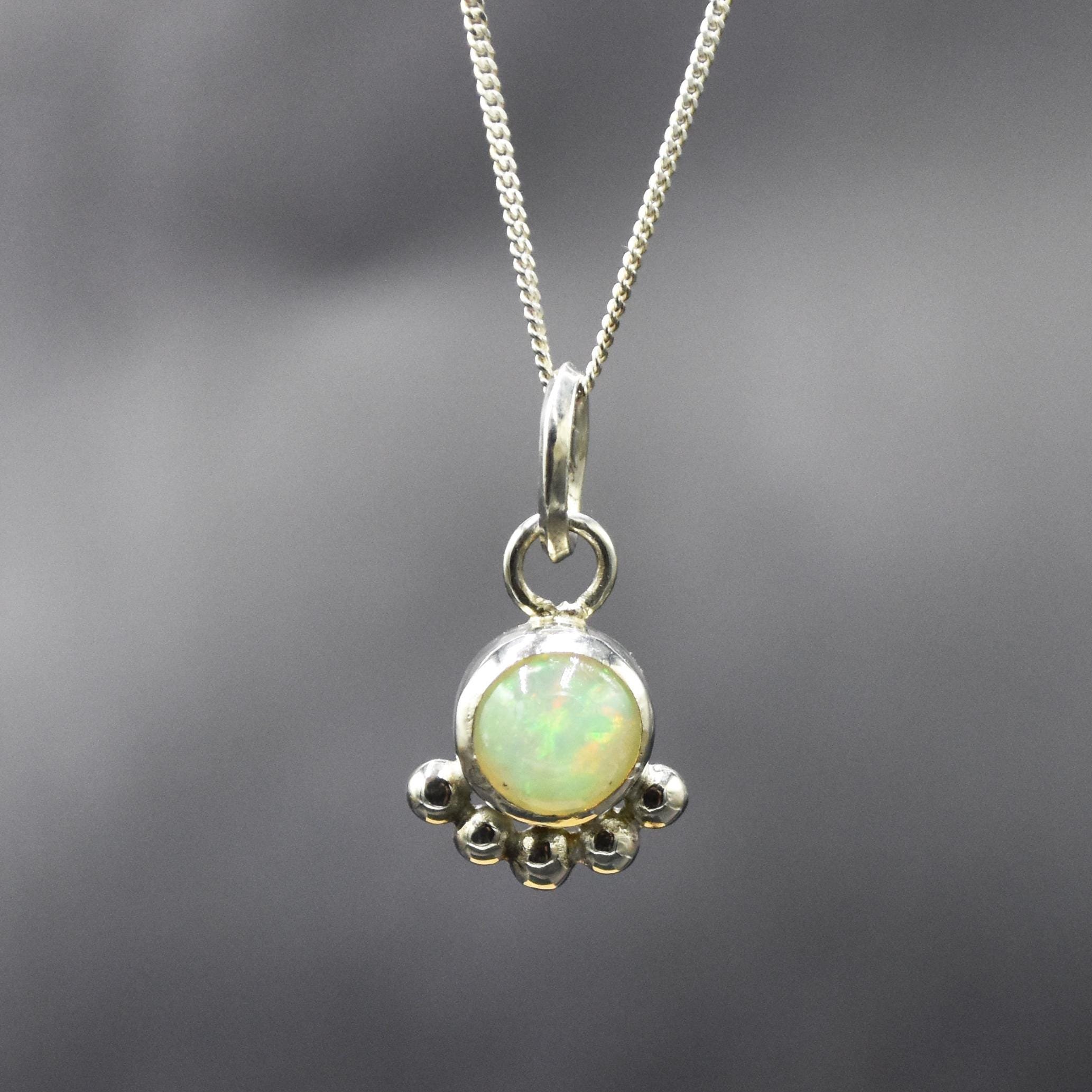 Handmade Sterling Silver Ethiopian Opal Pendant Necklace, Granulated Bezel Charm, October Birthstone