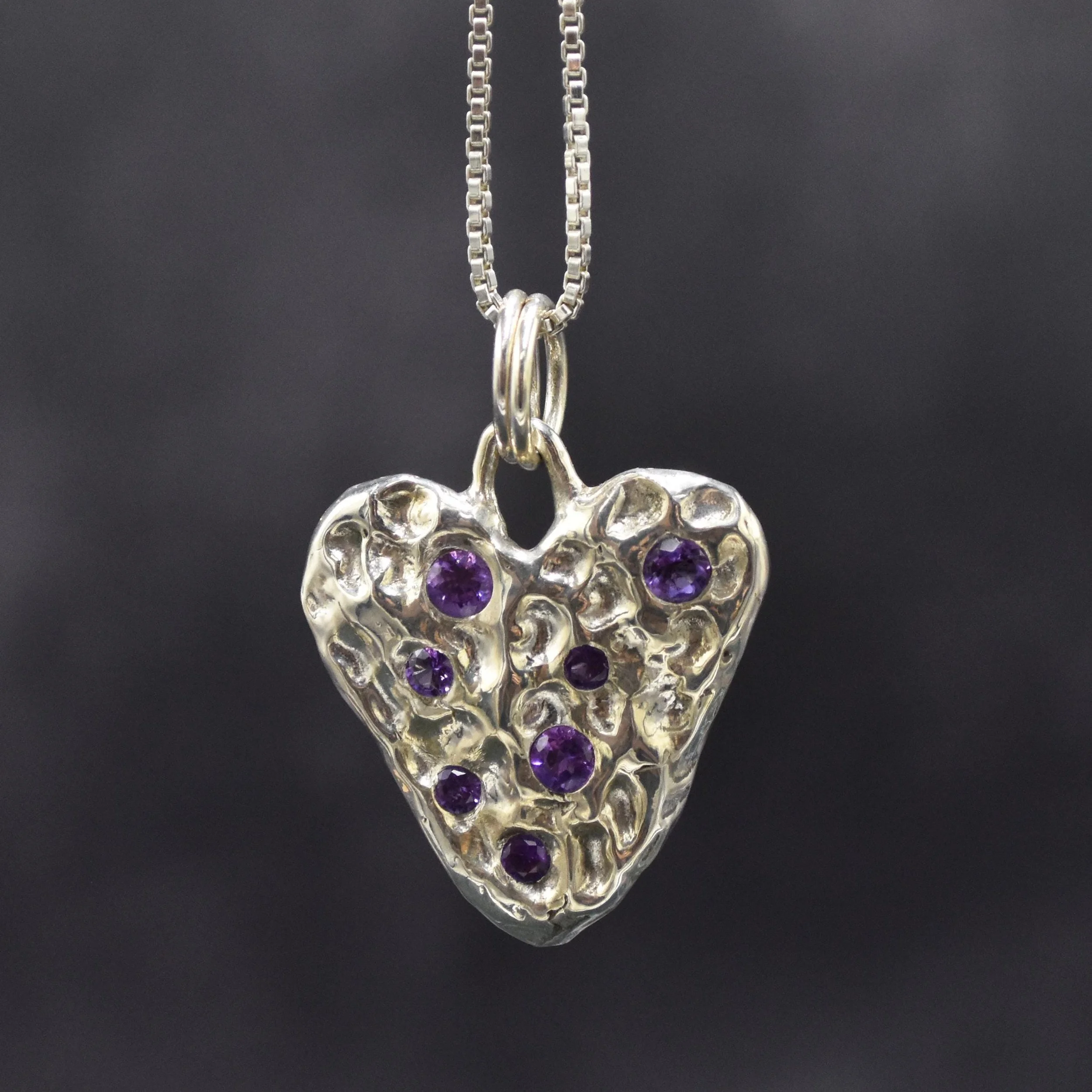 Handmade Organic Textured Heart Charm Pendant with Amethysts and Long Sterling Silver Box Chain
