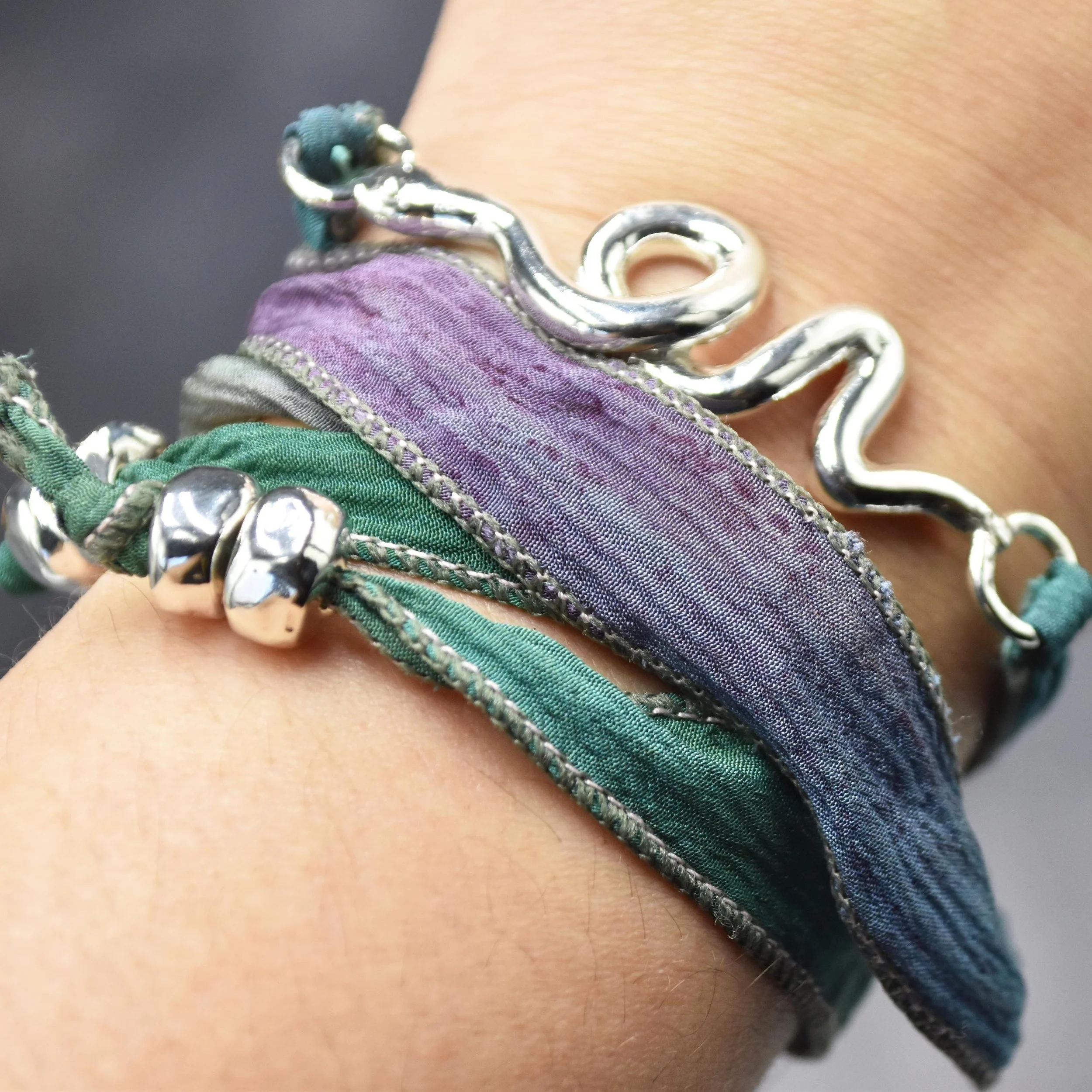 Handmade Sterling Silver and Dyed Silk Snake Wrap Bracelet