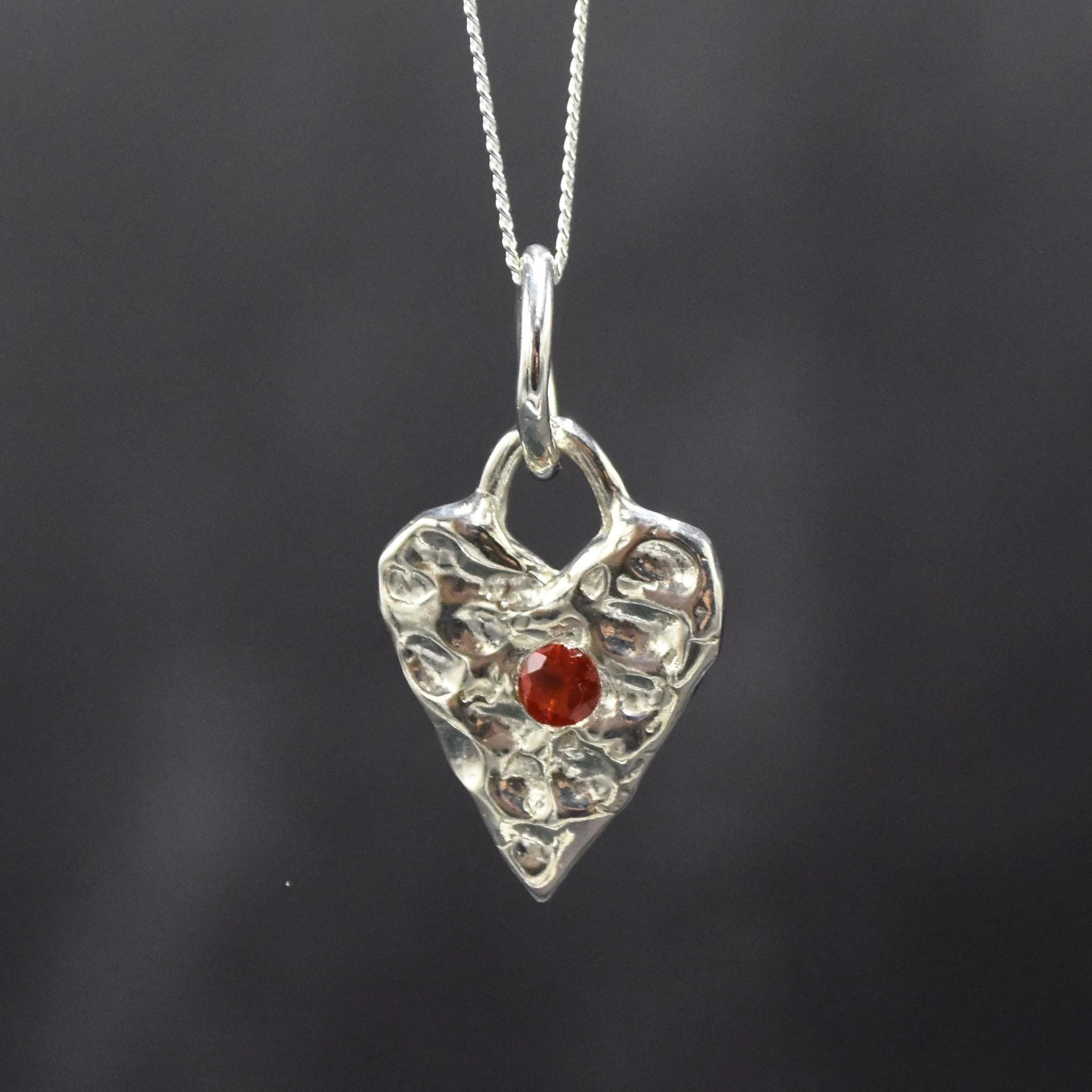 Handmade Textured Chunky Mini Heart Sterling Silver Pendant Necklace With Chain and Fire Opal