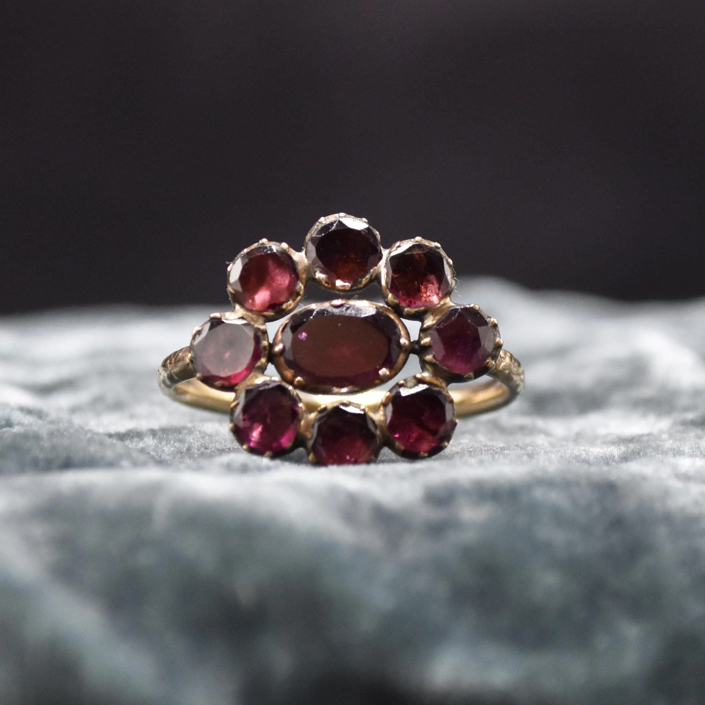 Antique Foil-backed Garnet Flower Ring with Gold Band