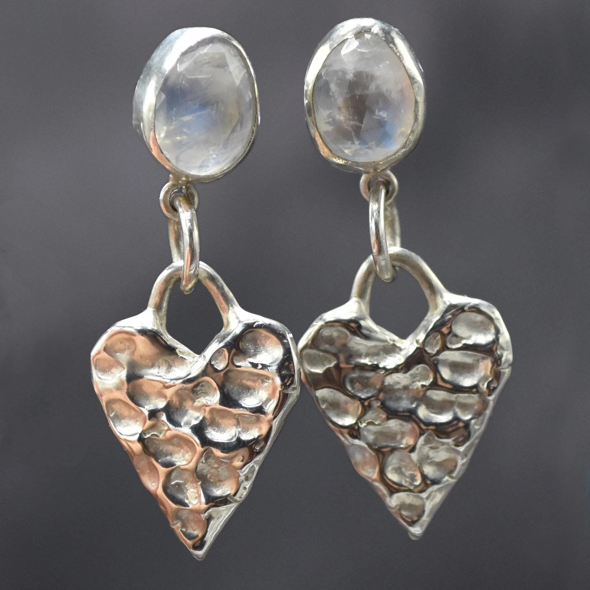 Handmade Sterling Silver Rainbow Moonstone Heart Dangle Stud Statement Earrings