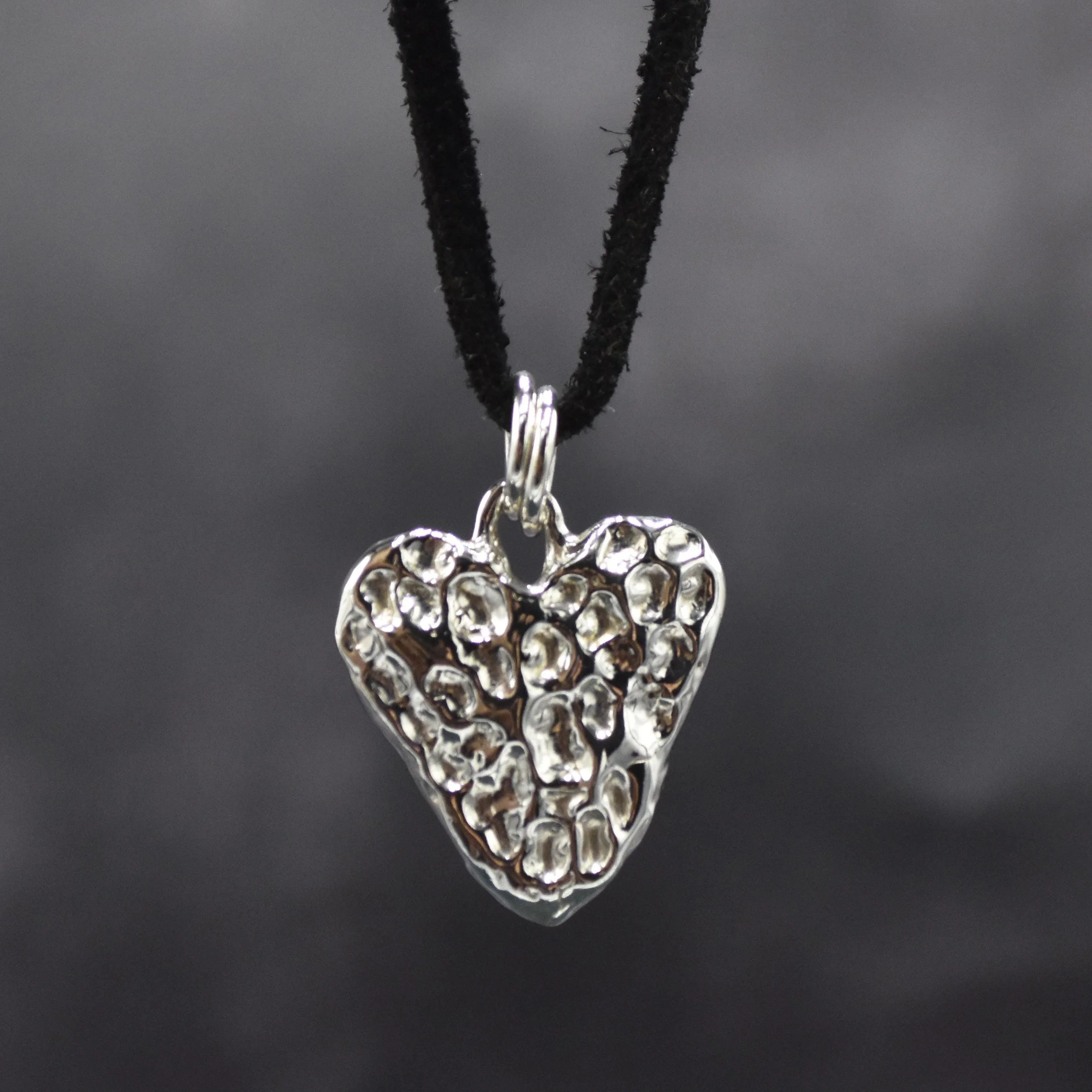Handmade Organic Textured Heart Charm Pendant with Black Suede Necklace