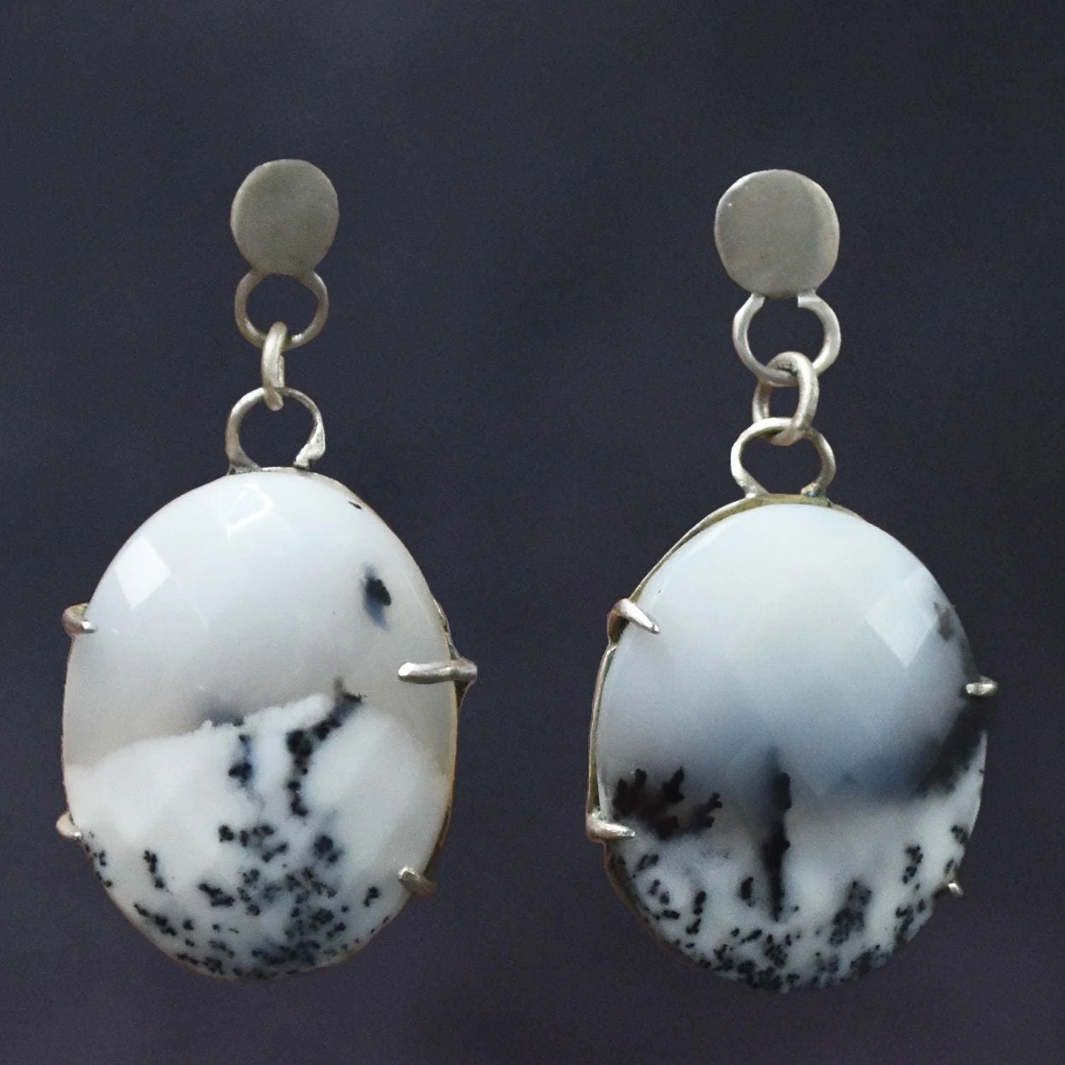 Handmade OOAK Sterling Silver Black and White Dendritic Agate Drop Stud Earrings