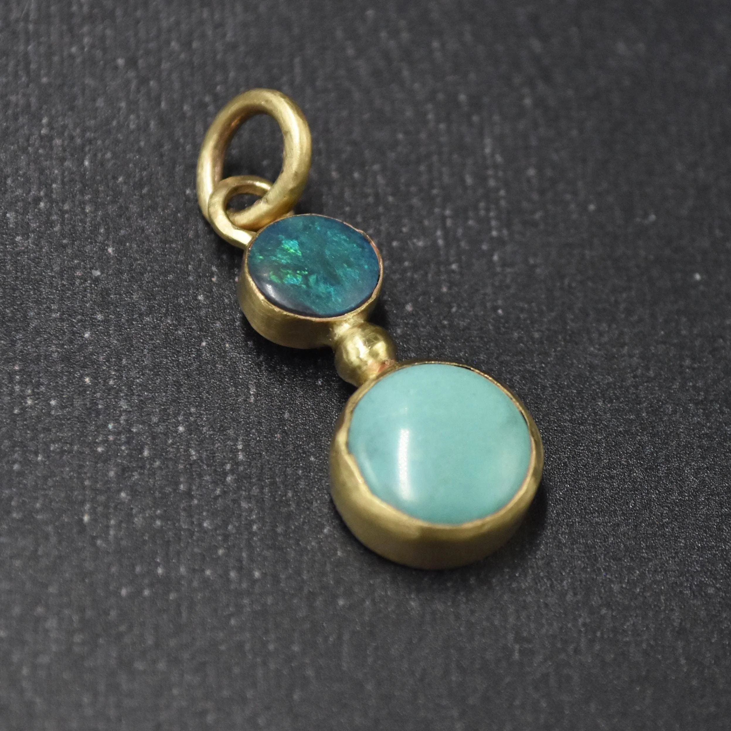 Handmade Solid 14k Yellow Gold Boulder Opal and Turquoise Pendant Charm