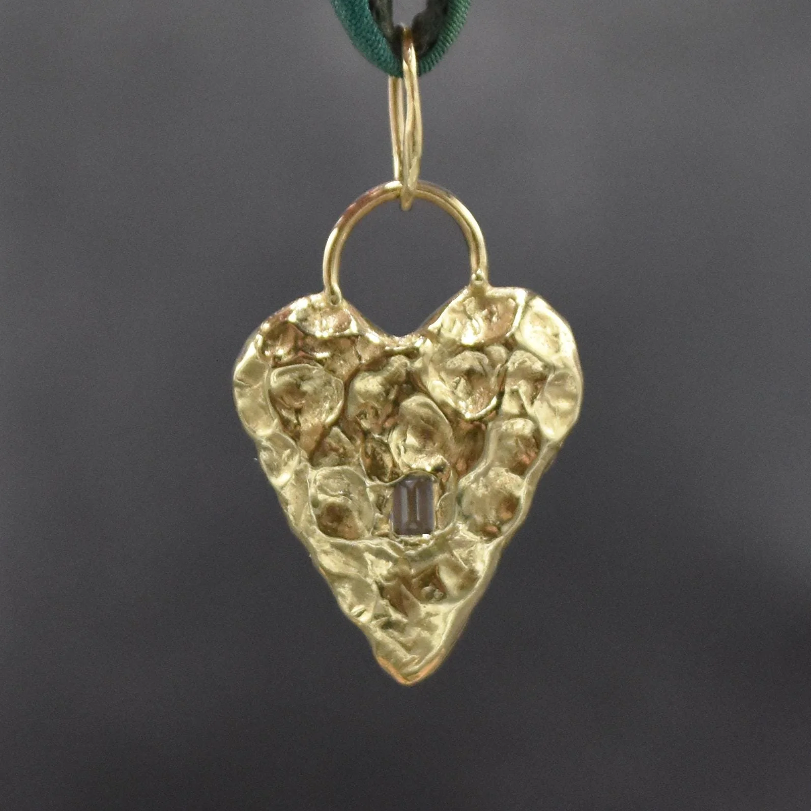 OOAK Solid 14k yellow gold heart pendant with baguette diamond