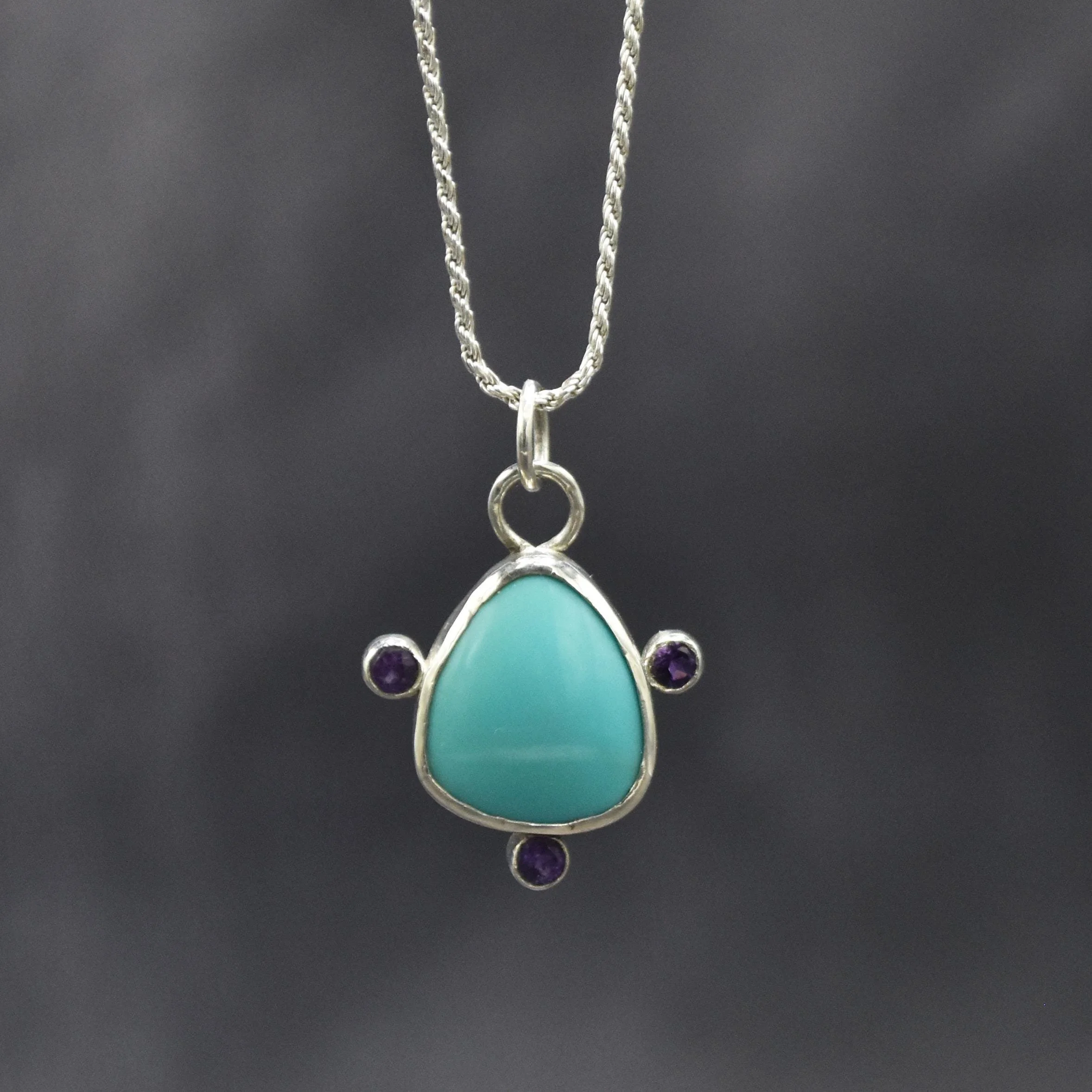 Statement Handmade OOAK Blue Turquoise and Purple Amethyst Sterling Silver Pendant with Chain