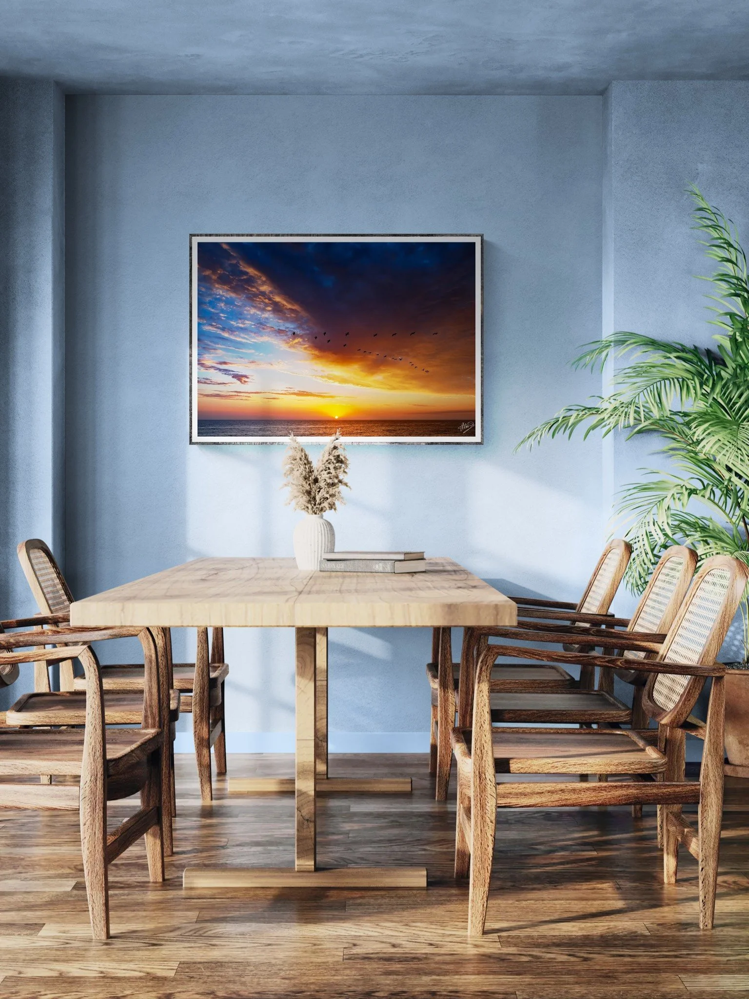 Dining area with wooden furniture and large plant.jpeg