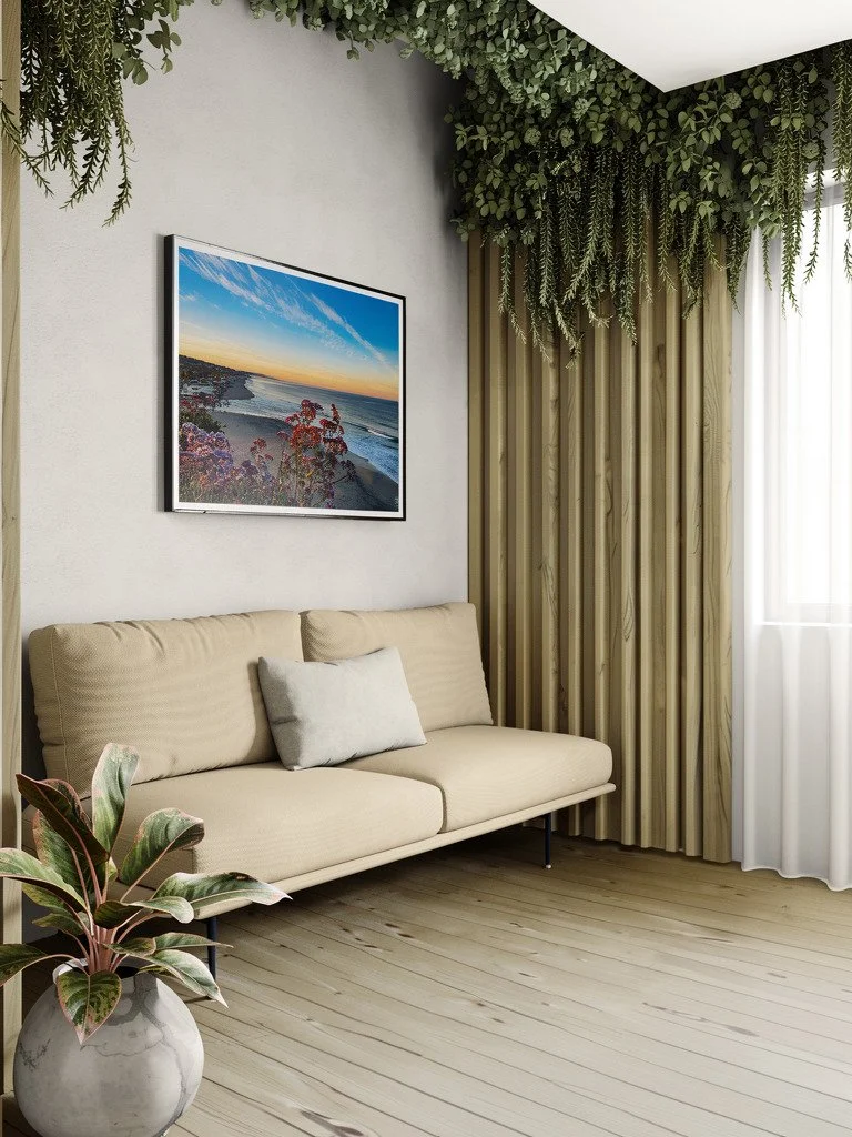 Living area with a sofa and hanging garden-Angled.jpg