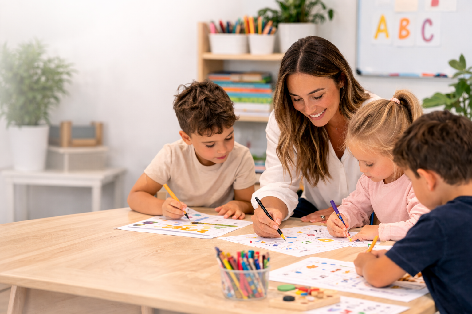 A teacher and three young children engaging in a drawing activity at a wooden table in a classroom.